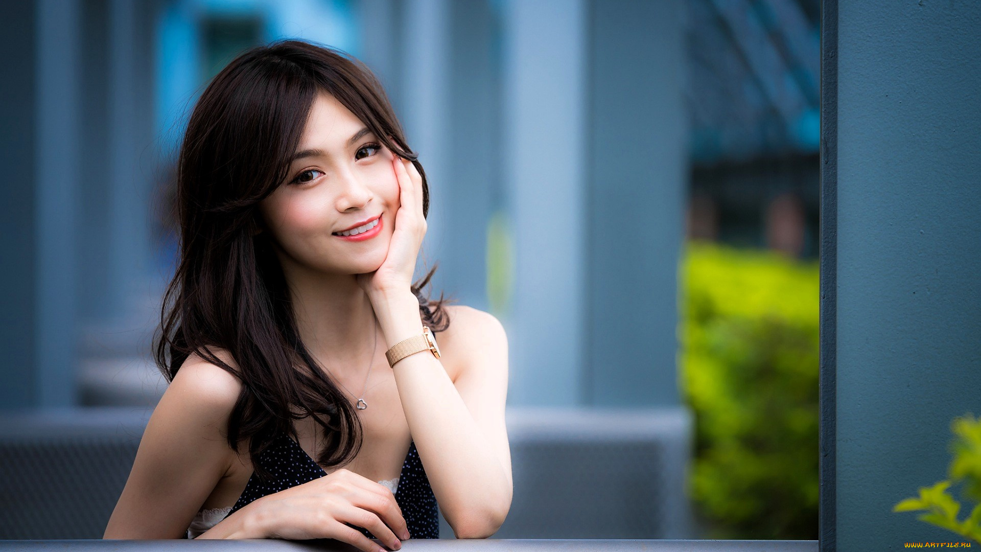 девушки, -, азиатки, шатенка, лицо, колонны