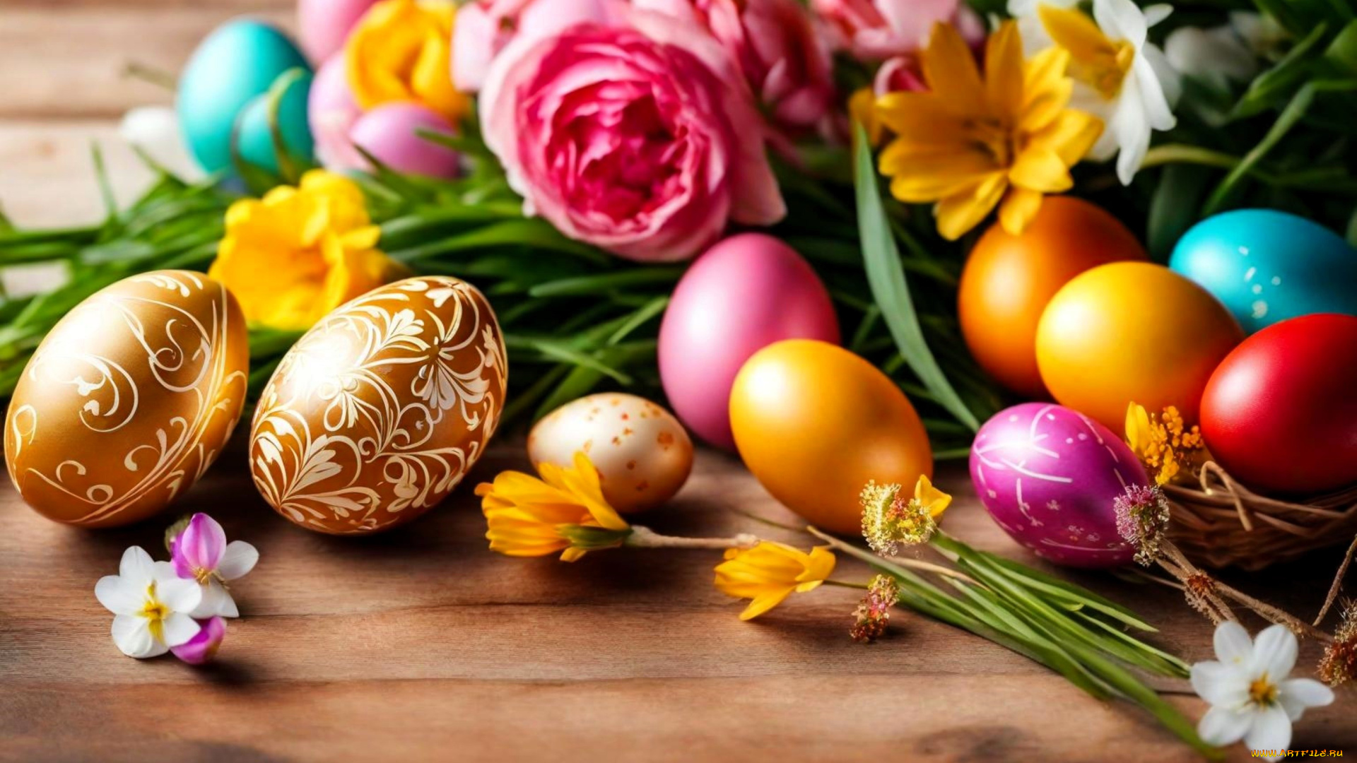 праздничные, пасха, яйца, цветы