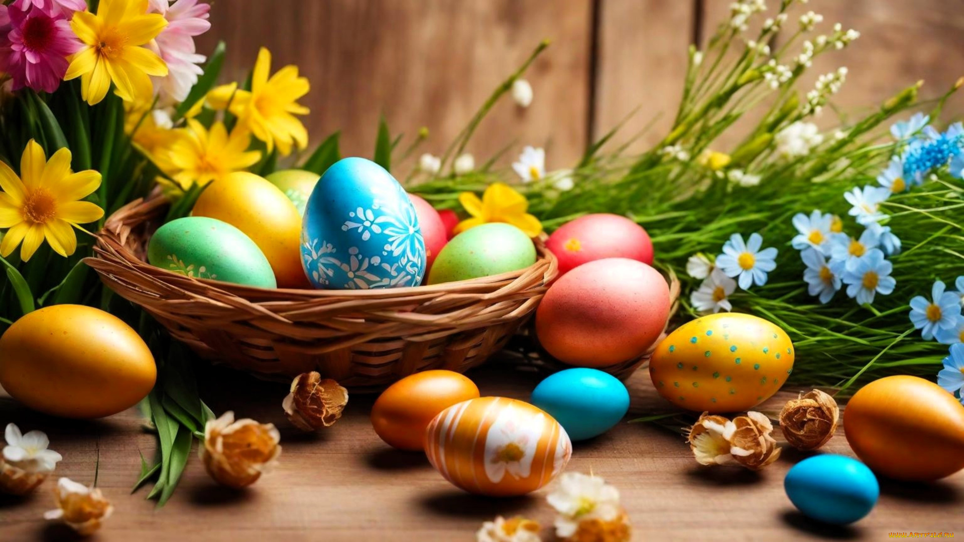 праздничные, пасха, яйца, цветы, трава, корзина