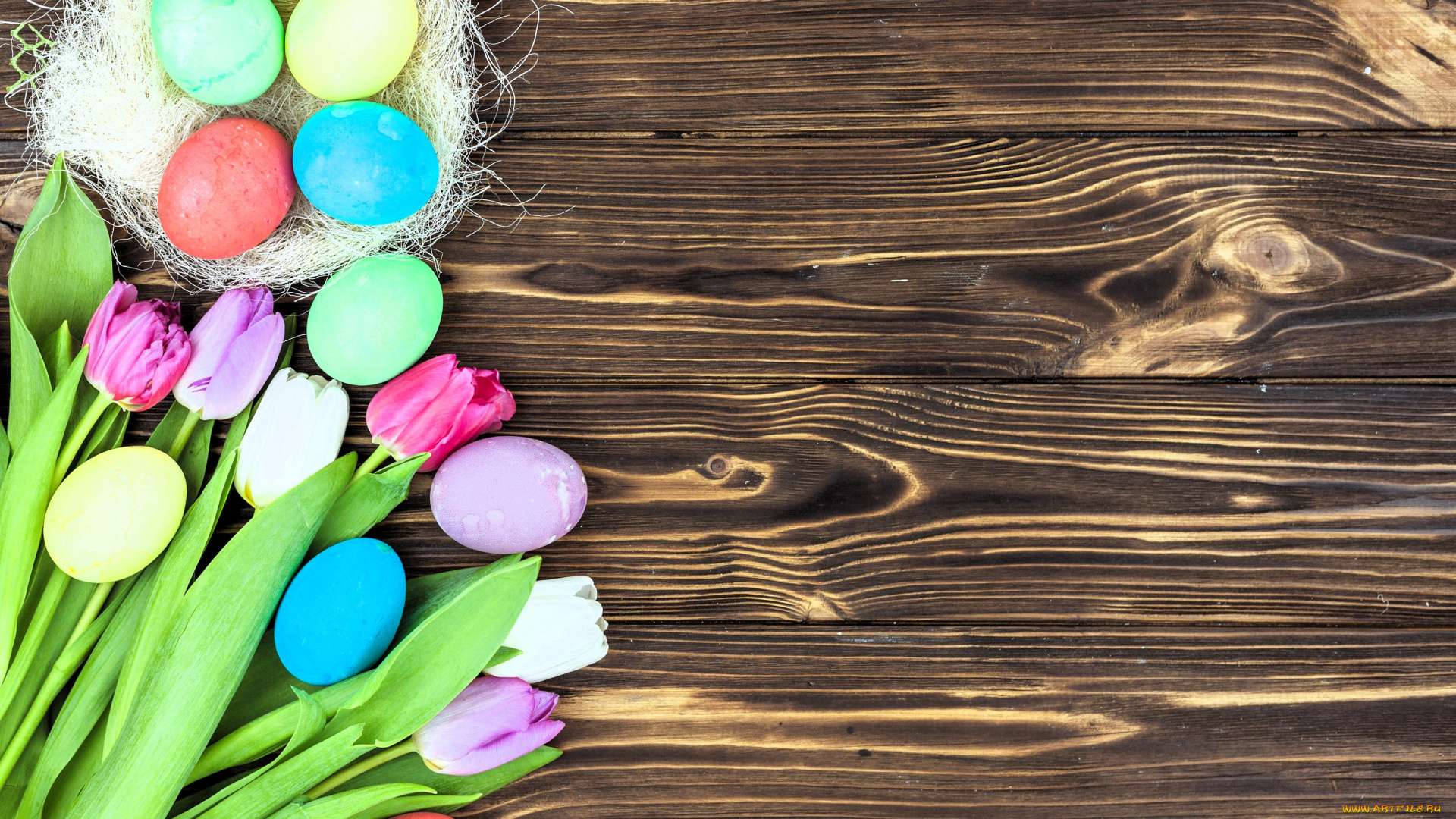 праздничные, пасха, яйца, гнездо, тюльпаны, цветы