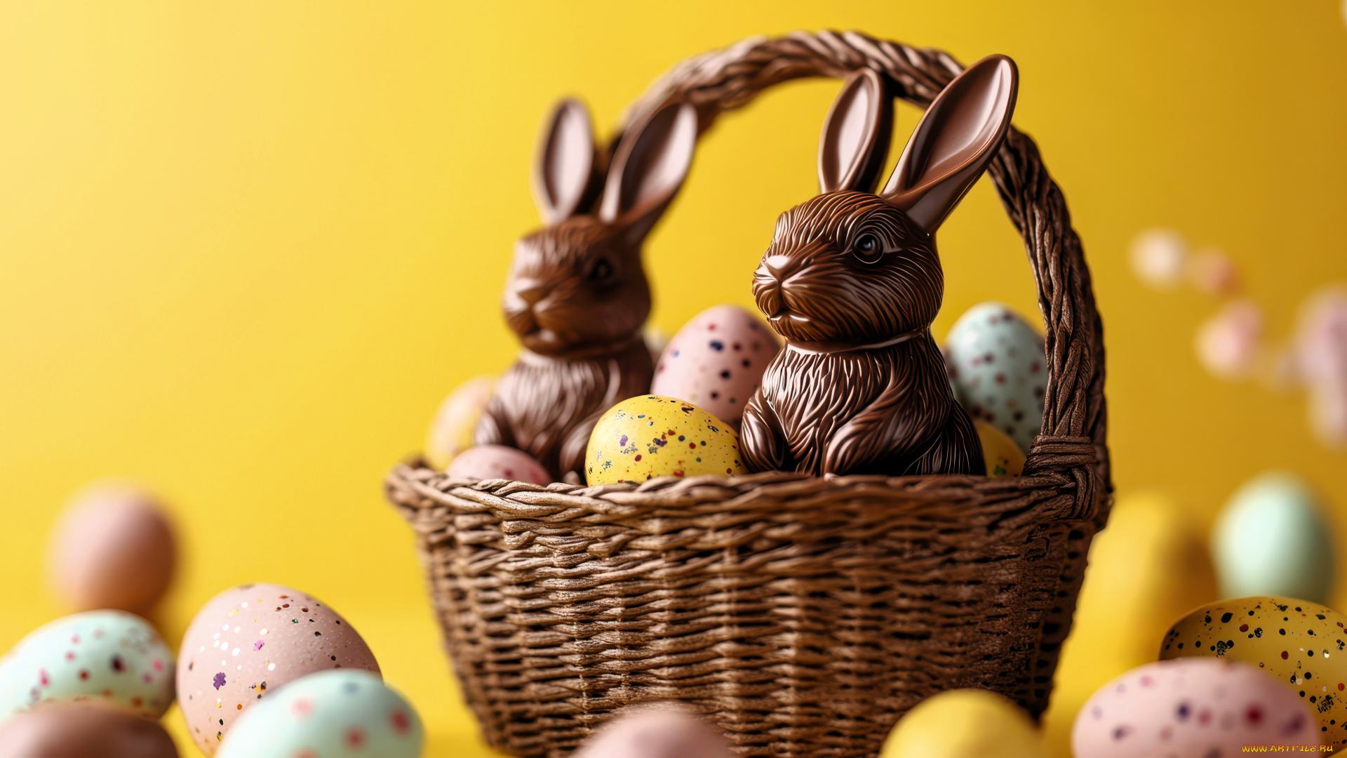 праздничные, пасха, яйца, корзина, кролики, шоколад