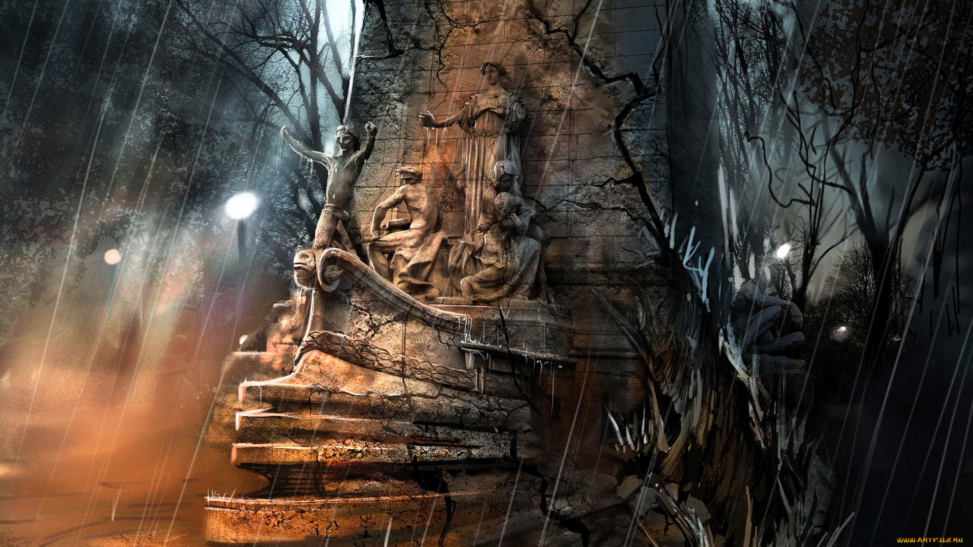 видео, игры, alone, in, the, dark, дождь, деревья, фонарь, развалины, статуи