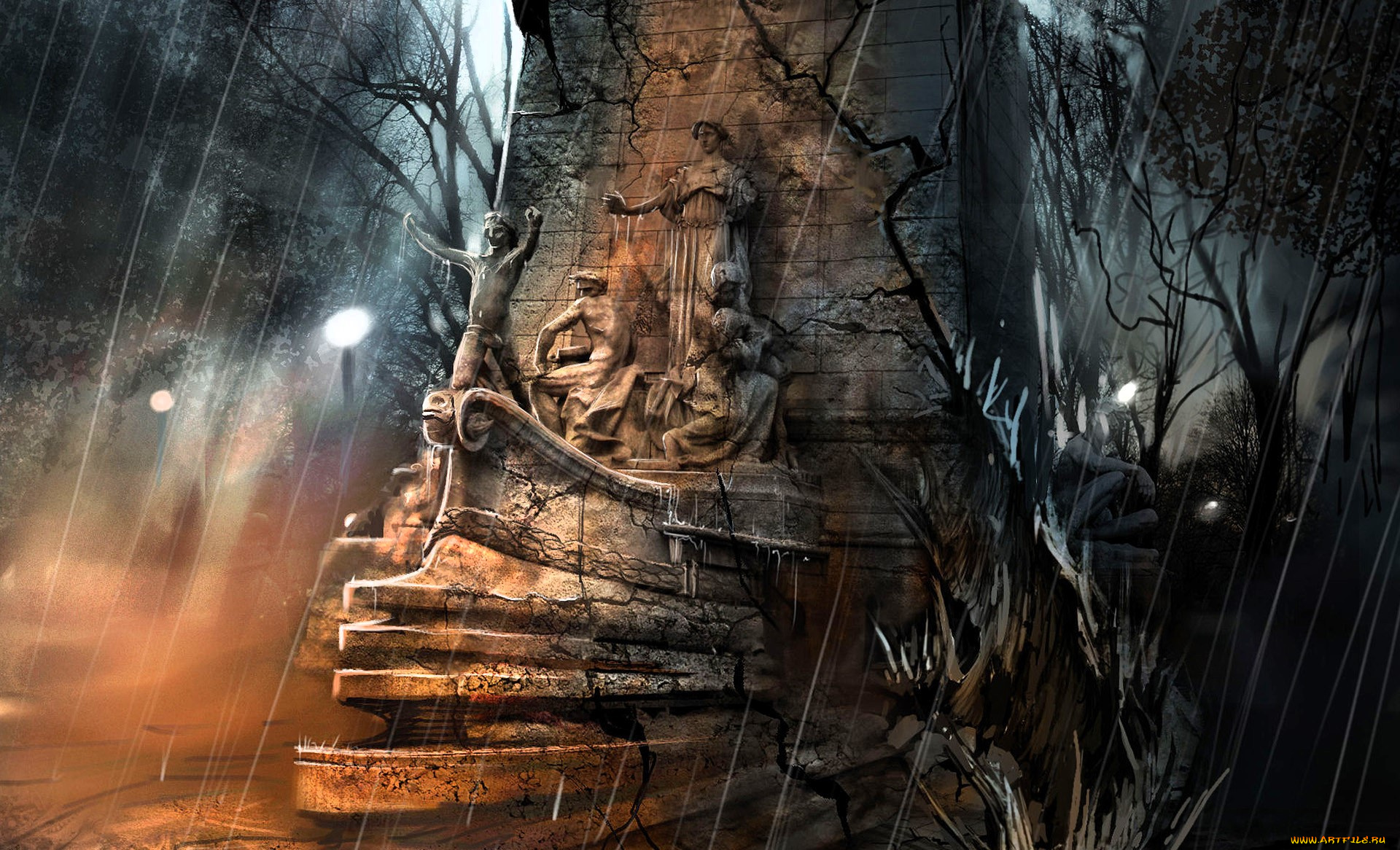 видео, игры, alone, in, the, dark, дождь, деревья, фонарь, развалины, статуи