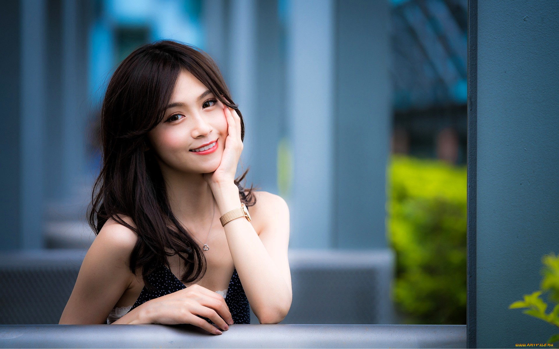 девушки, -, азиатки, шатенка, лицо, колонны