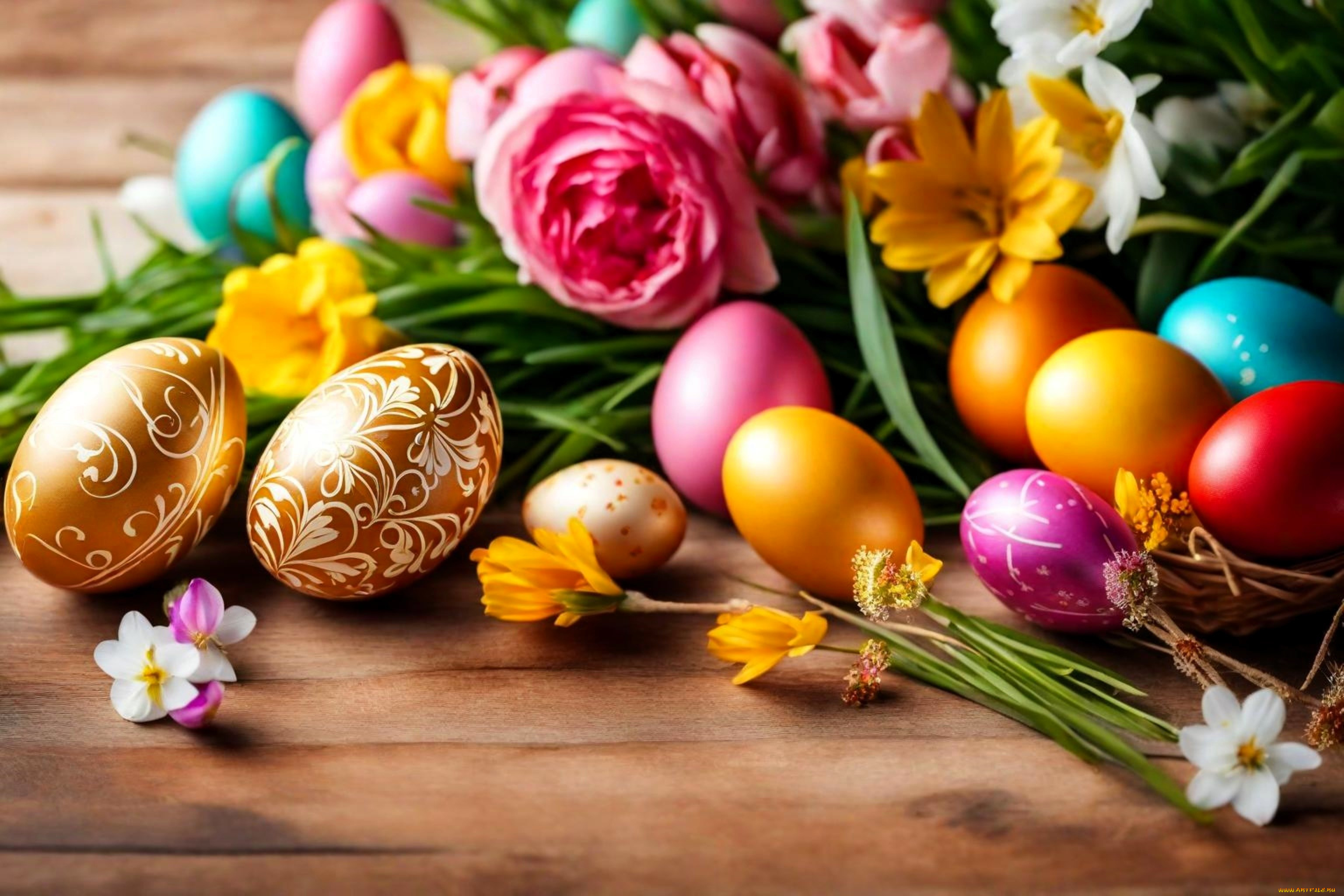 праздничные, пасха, яйца, цветы