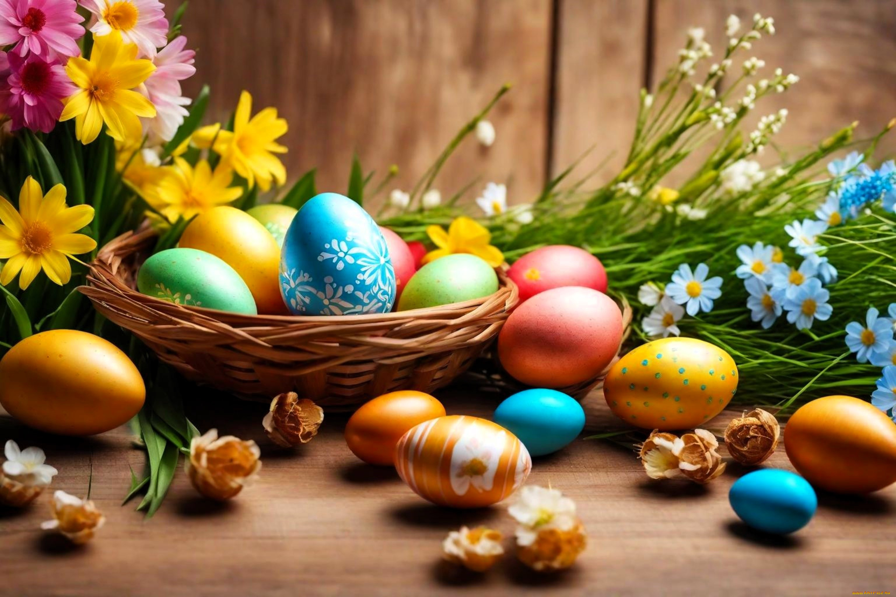 праздничные, пасха, яйца, цветы, трава, корзина