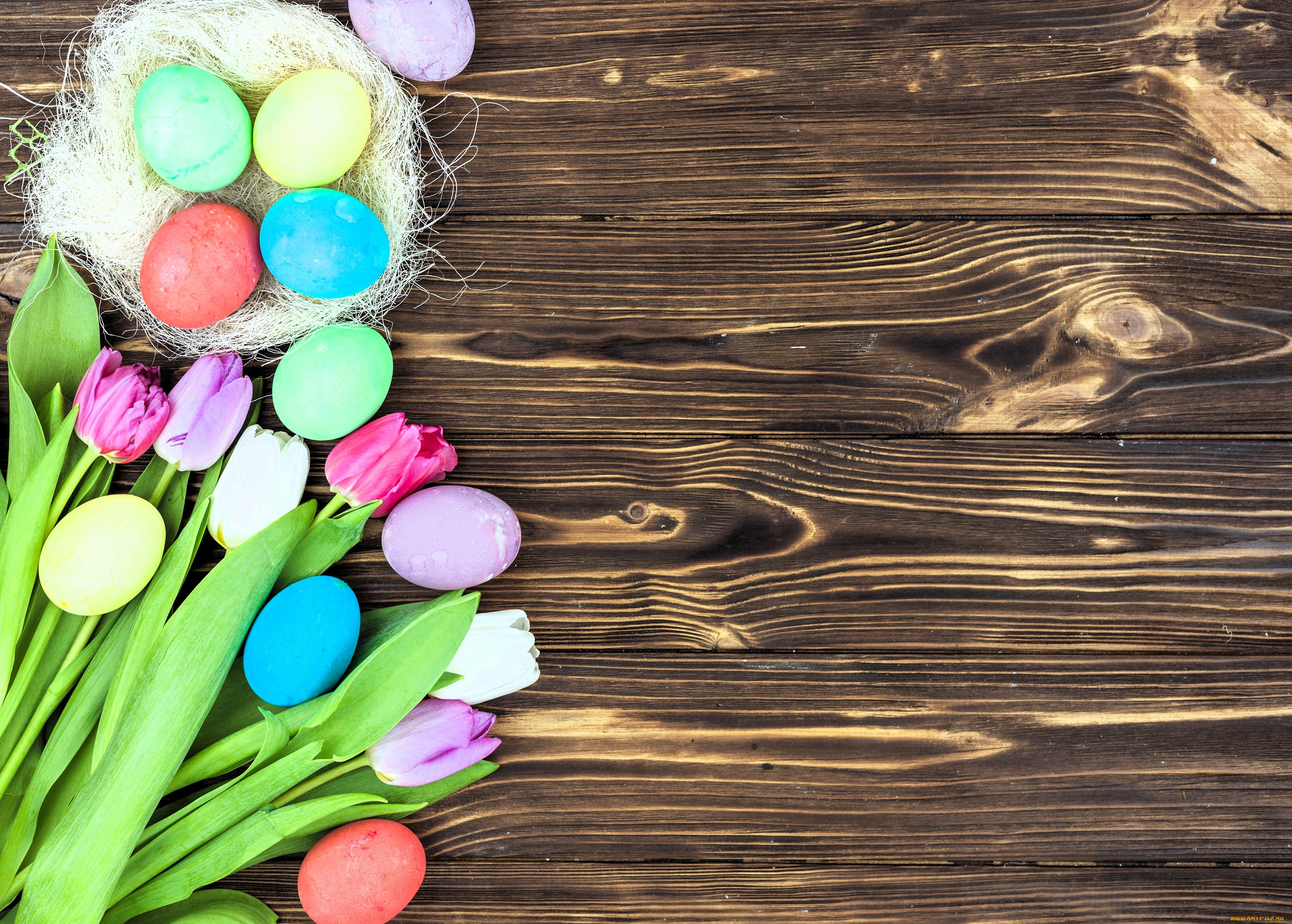праздничные, пасха, яйца, гнездо, тюльпаны, цветы