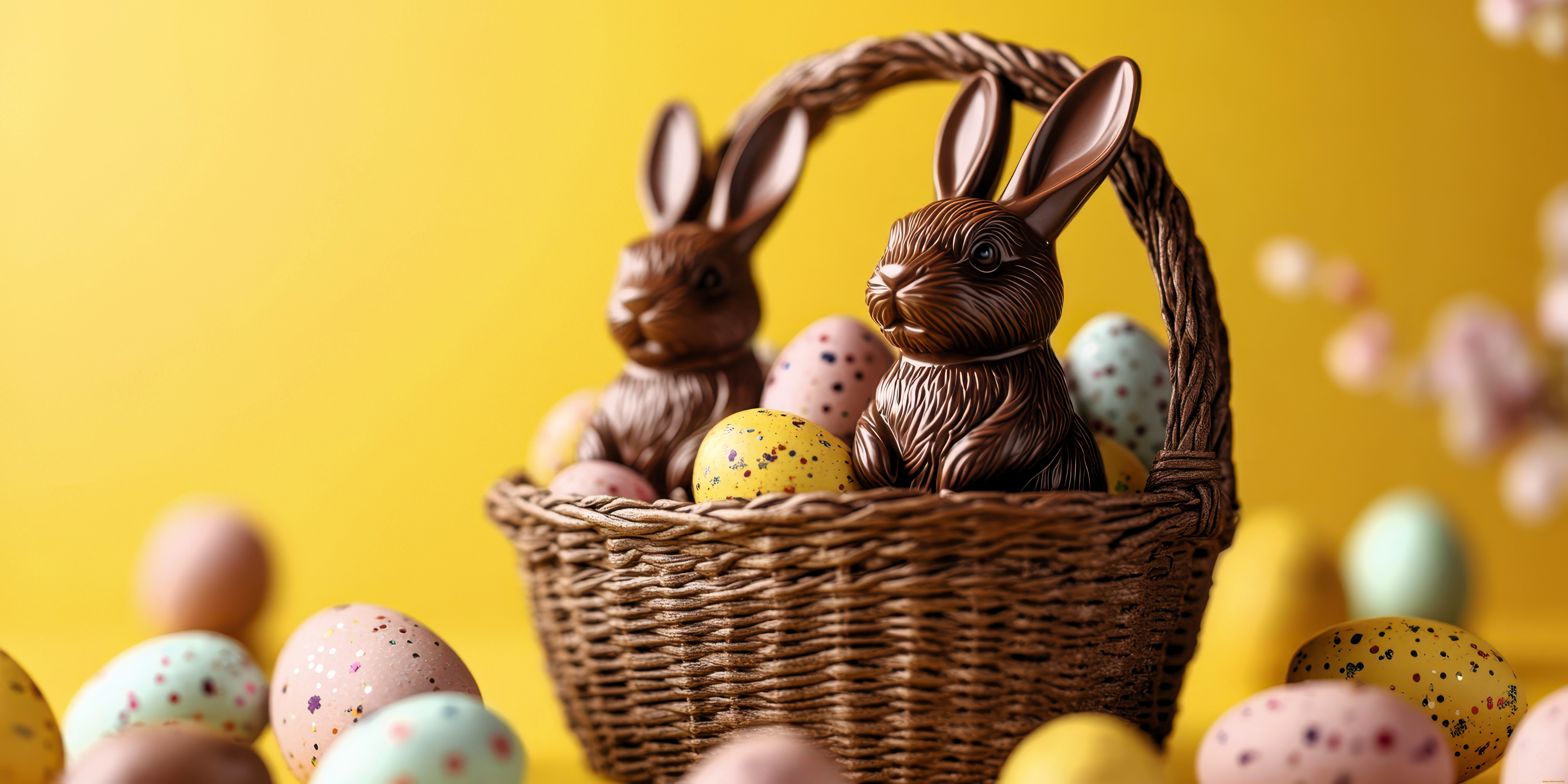 праздничные, пасха, яйца, корзина, кролики, шоколад