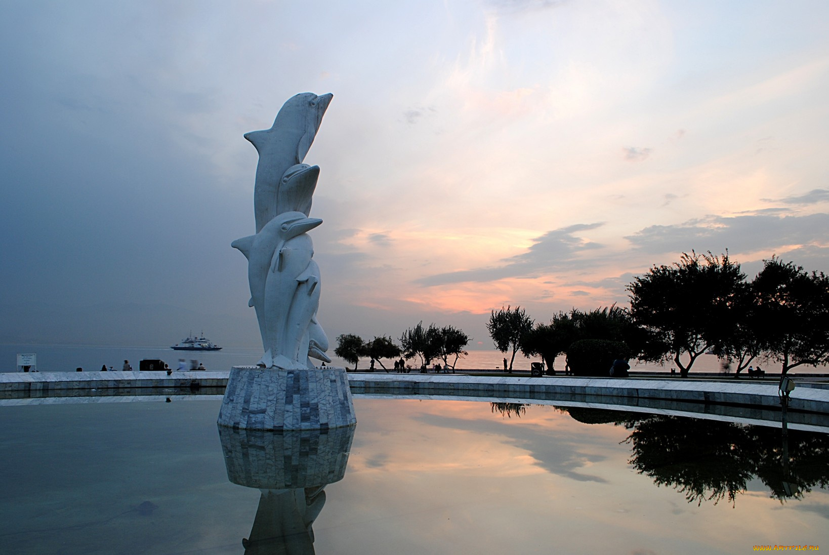 города, памятники, скульптуры, арт, объекты, вечер, дельфины