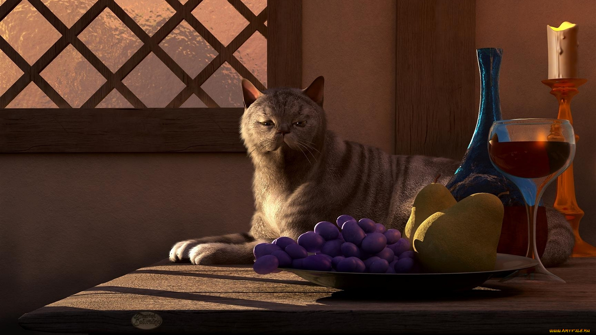 3д, графика, animals, животные, кот, стол, свеча, бокал, вино, фрукты, чаша, виноград, груши, окно