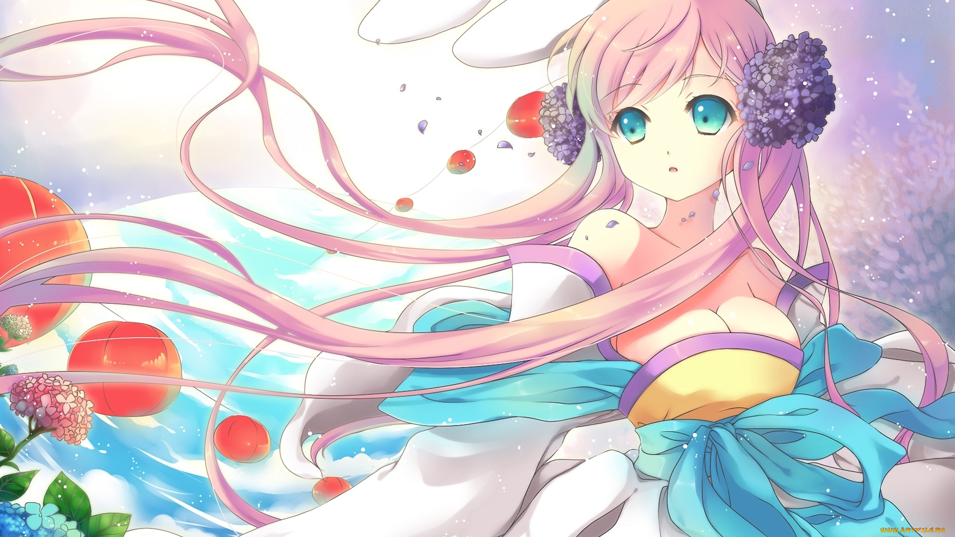 аниме, animals, ceru, девушка, неко, уши, цветы, гортензия, фонарики, платье, ветер