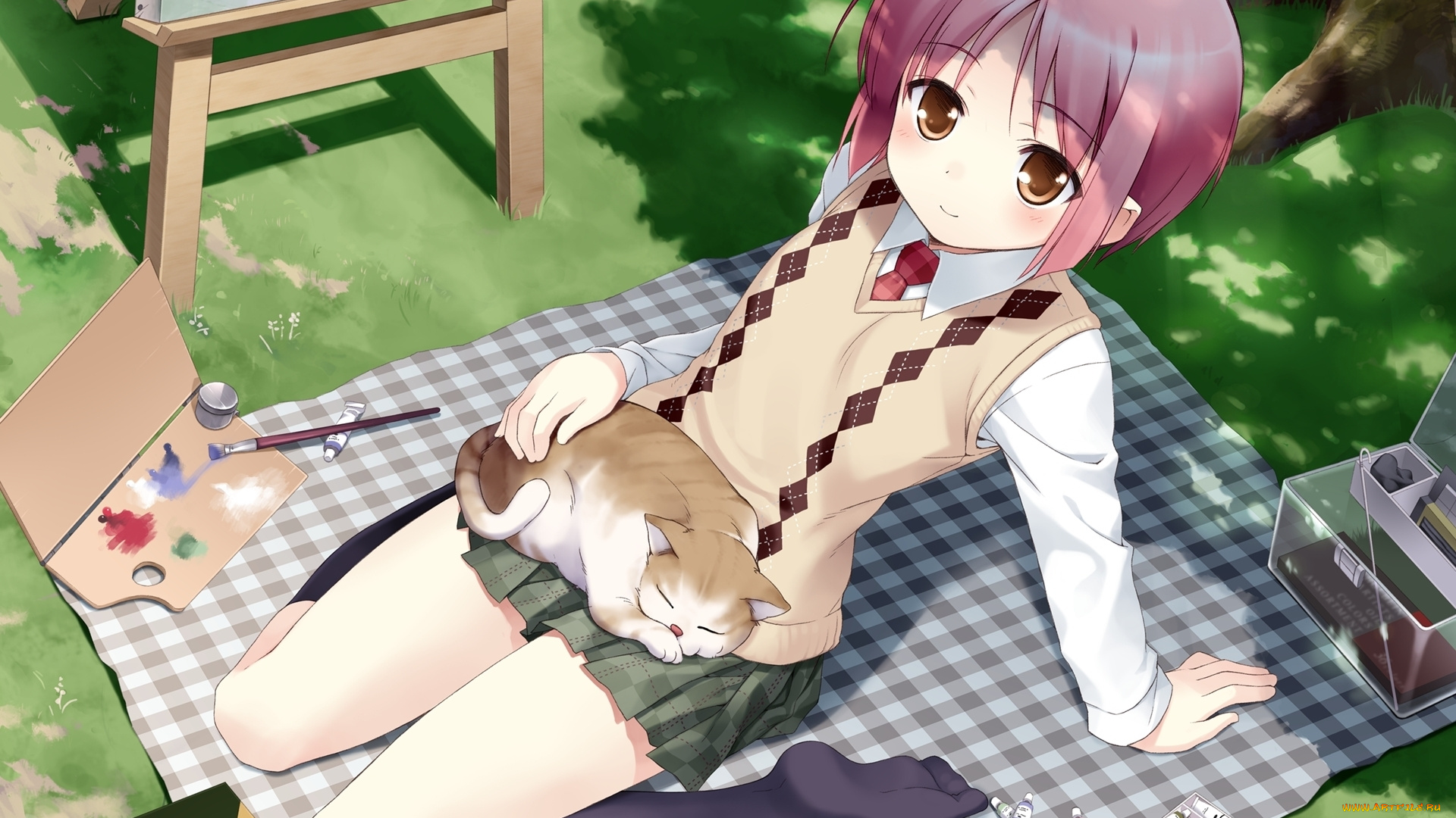 аниме, *unknown, другое, кошка, девочка