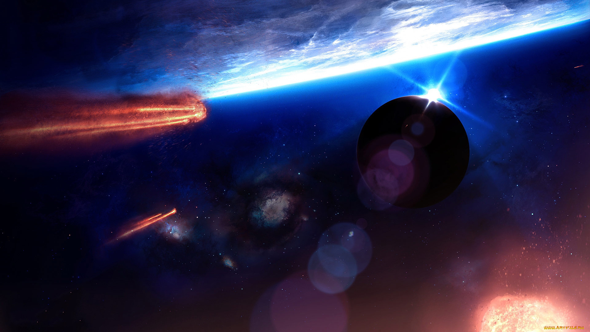 космос, арт, планеты, астероиды