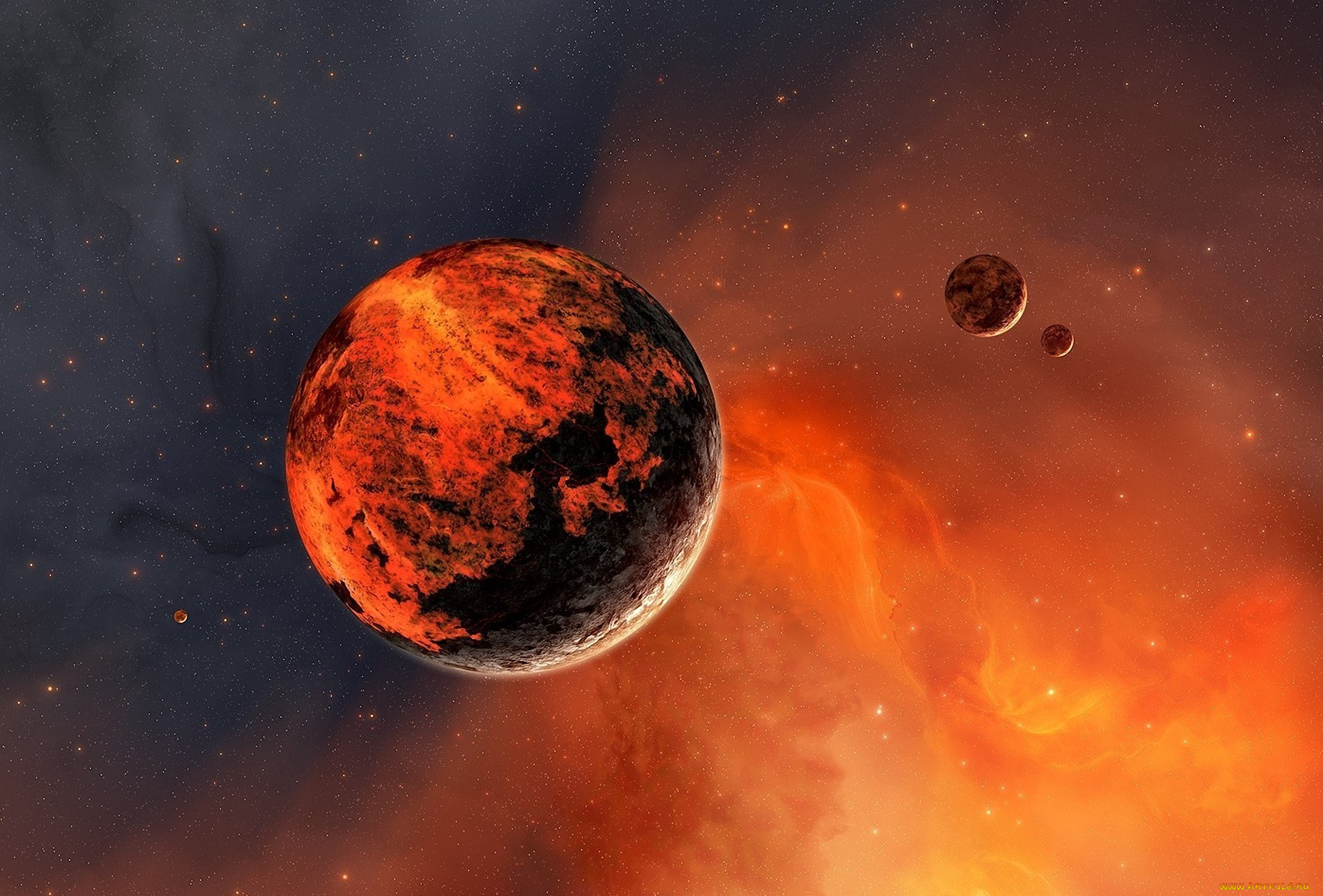 космос, арт, планета, туманность, звезды, спутники