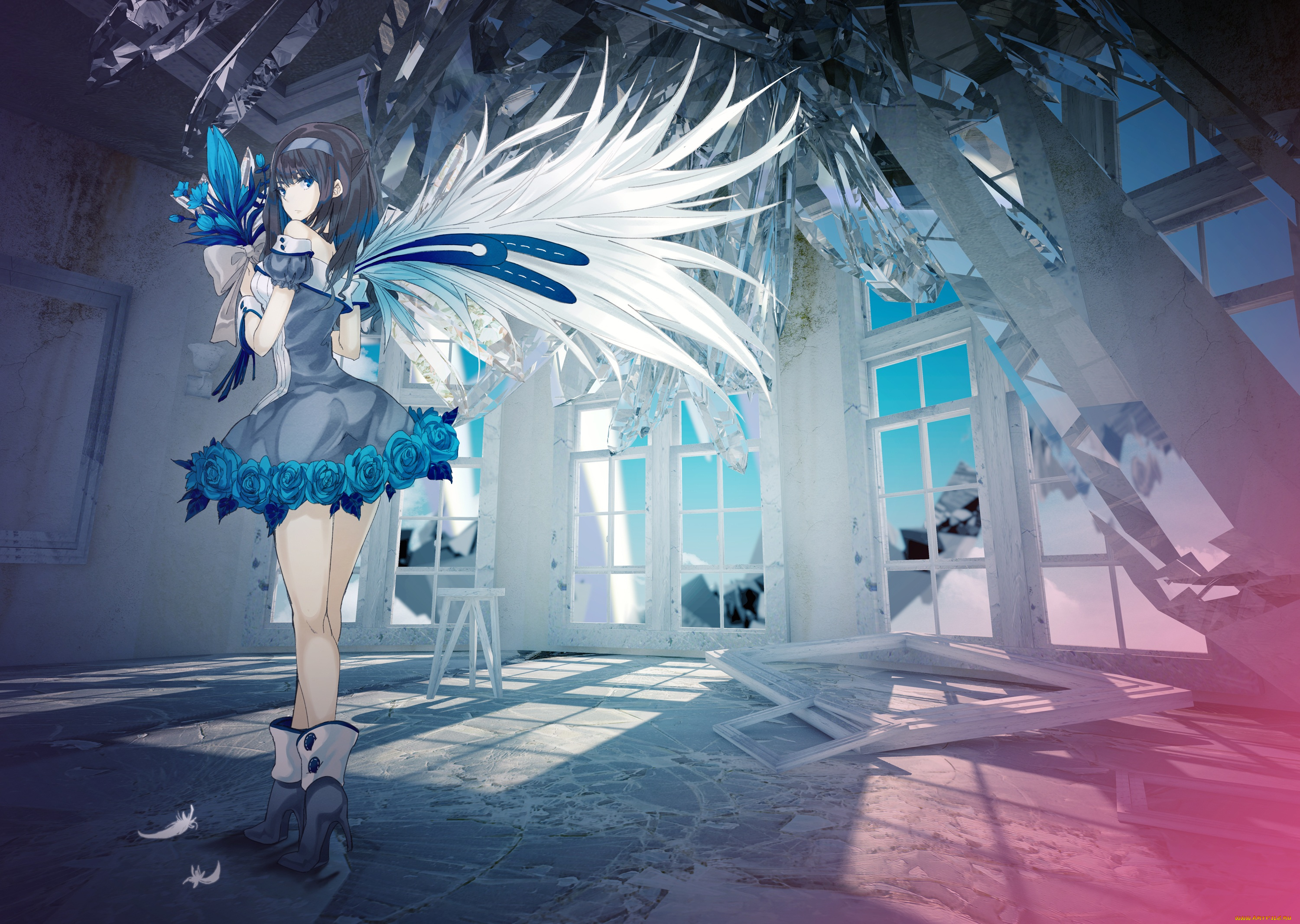 аниме, angels, demons, перья, ochakai, shinya, девушка, комната, кристаллы, цветы, букет, окна, розы