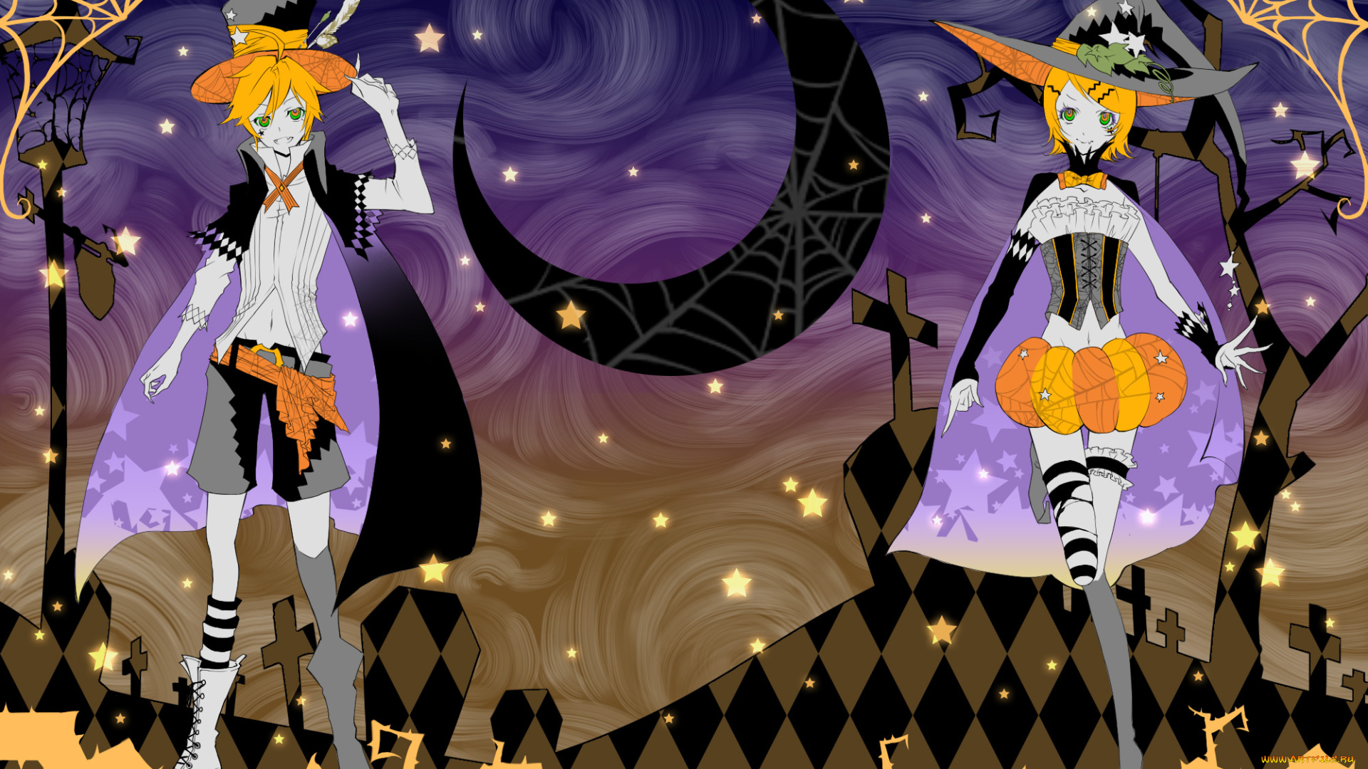 аниме, vocaloid, halloween, kagamine, rin, len