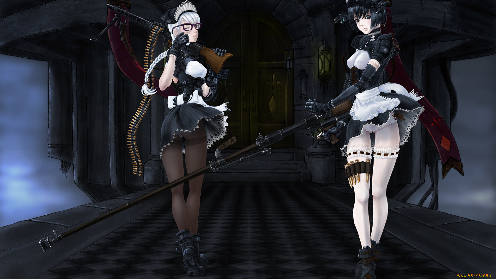 by, bitter, sweet, аниме, weapon, blood, technology, мост, горничная, девушки, дверь, оружие