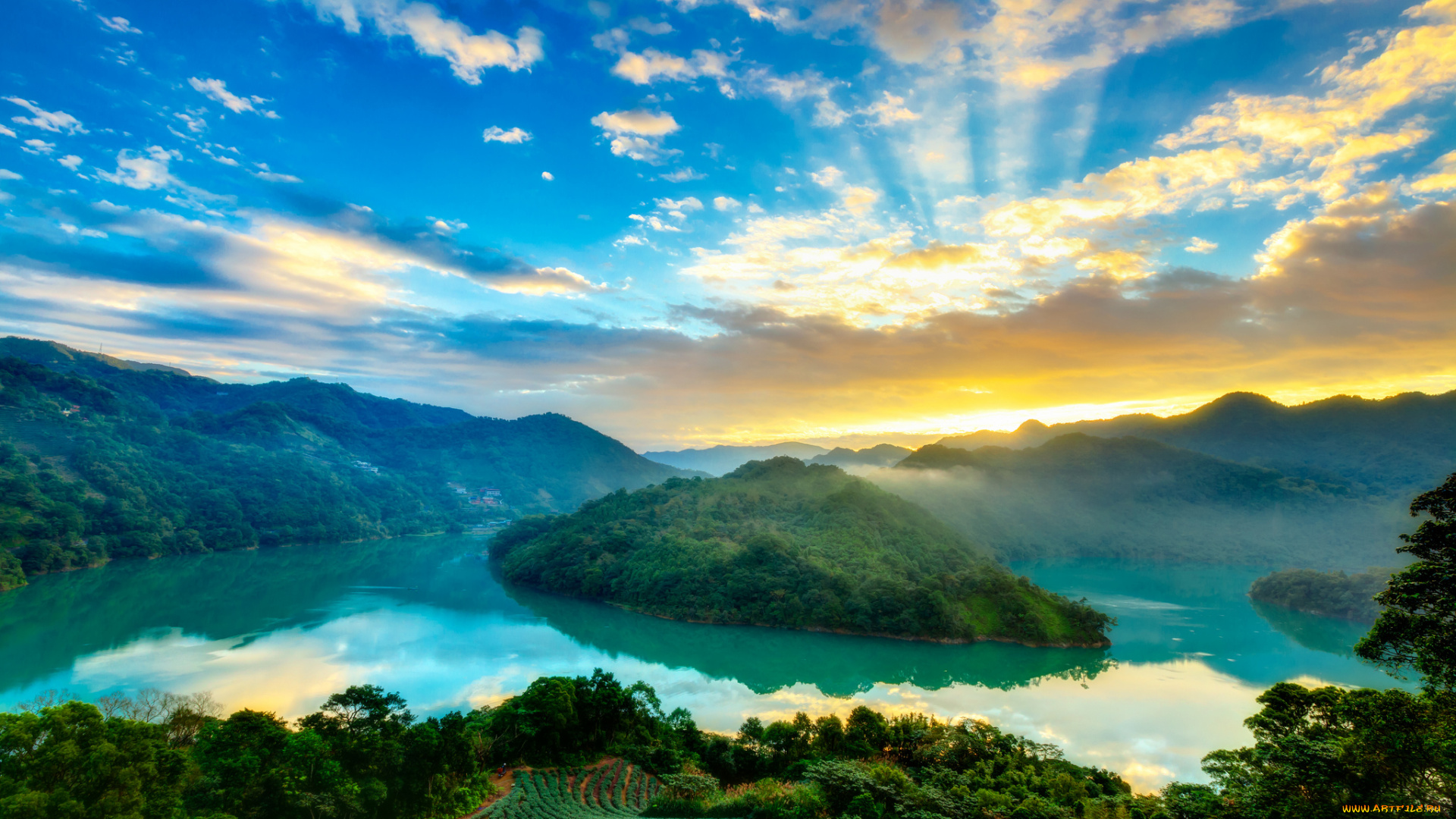 природа, реки, озера, озеро, восход, остров, горы