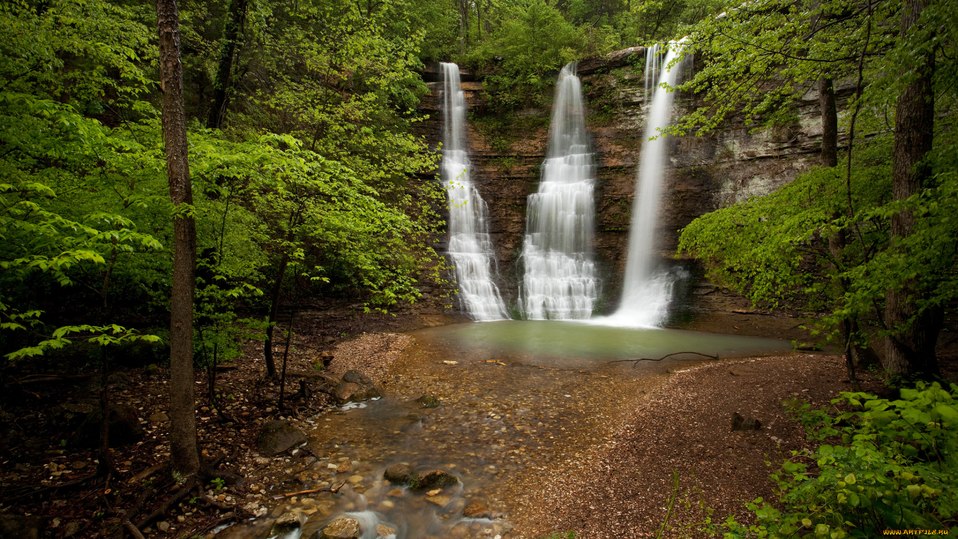 triple, falls, aka, twin, arkansas, природа, водопады, скала, лес