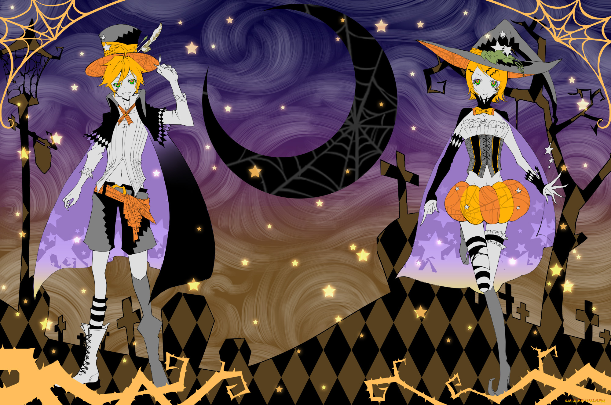 аниме, vocaloid, halloween, kagamine, rin, len