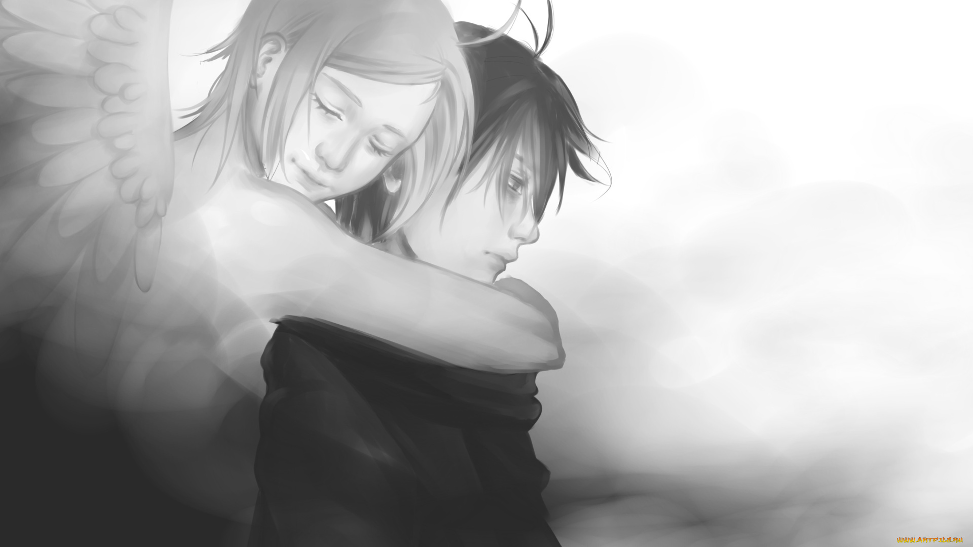 аниме, -angels, &, demons, арт, shou, shizuku, двое, ангел, крылья, объятия, девушка, парень