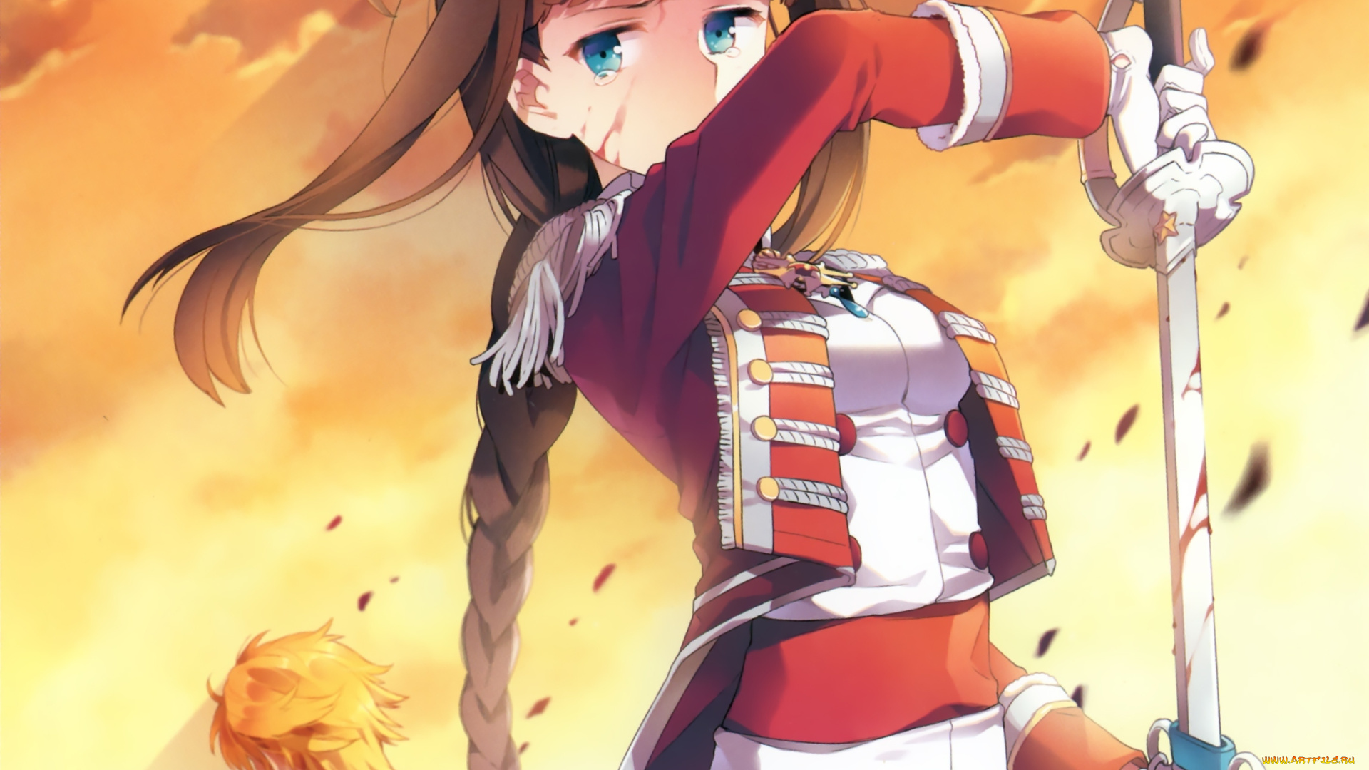 аниме, -weapon, , blood, &, technology, девушка, парень, кровь, слезы, меч, небо, облака, оружие, коса