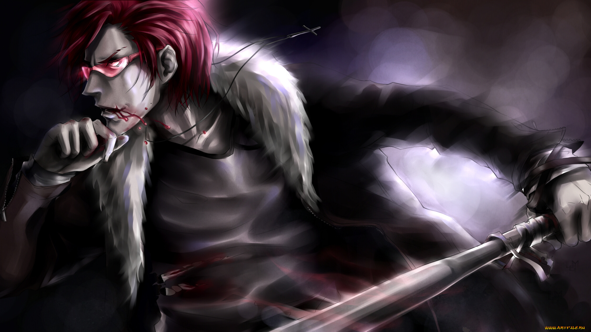 аниме, -weapon, , blood, &, technology, очки, меч, крестик, кровь, парень, арт