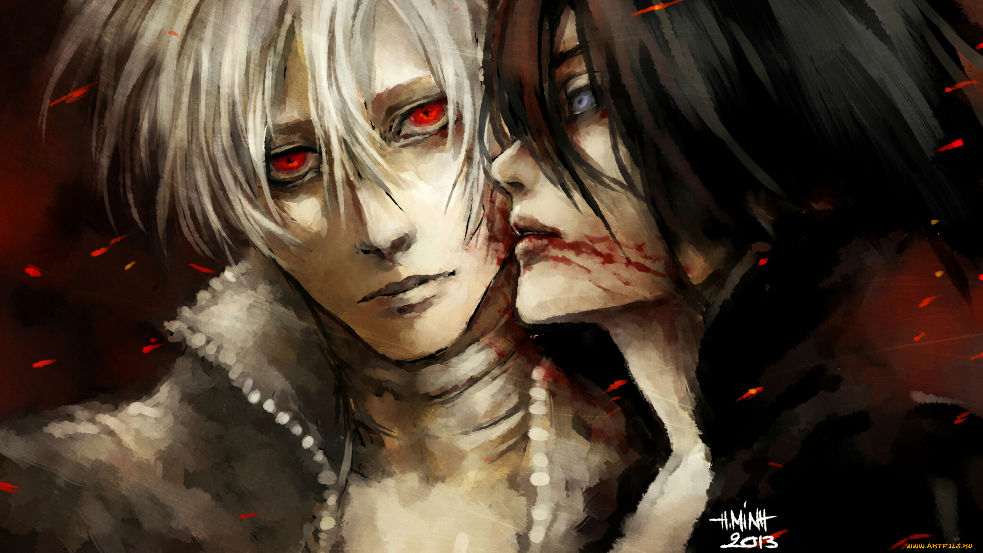 аниме, dogs, , bullets, &, carnage, поцелуй, взгляд, апатия, меланхолия, haine, rammsteiner, парень, nanfe, девушка, fuyumine, naoto, art, огонь, кровь