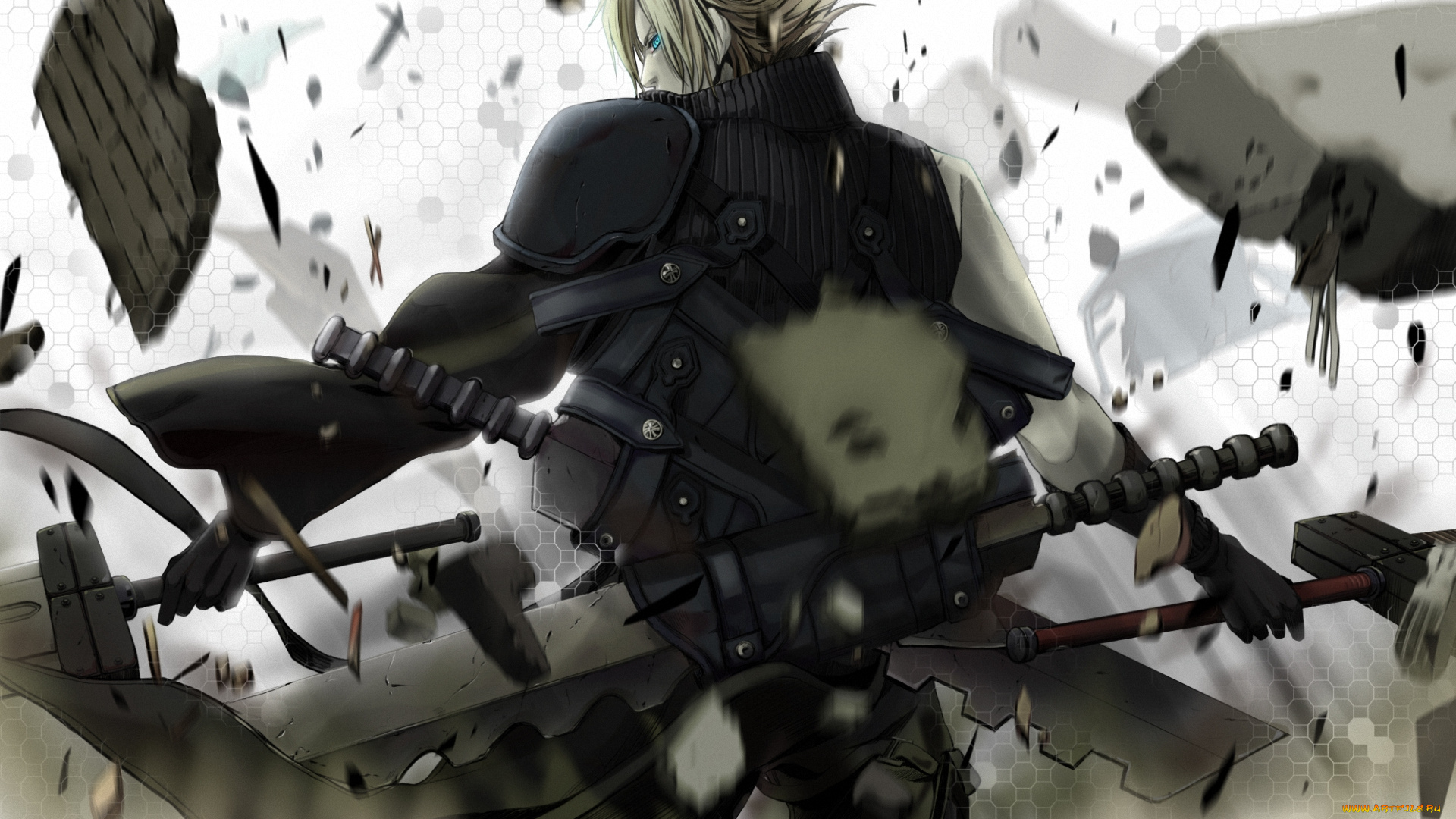 аниме, final, fantasy, меч, cloud, парень, оружие, камни