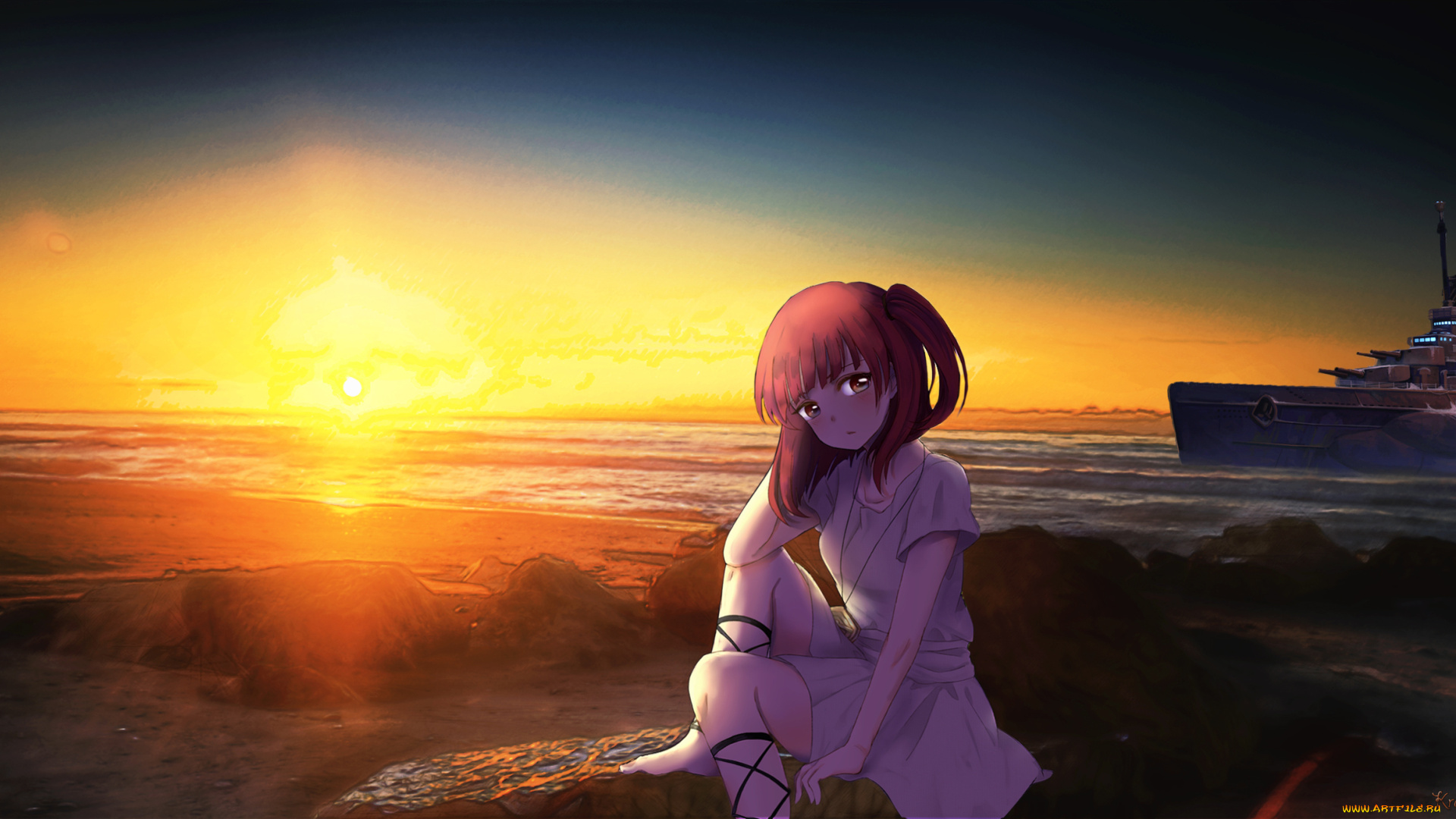 аниме, magi, the, labyrinth, of, magic, корабль, magi, the, labyrinth, of, magic, закат, девушка, morgiana, облака, пляж, море, солнце