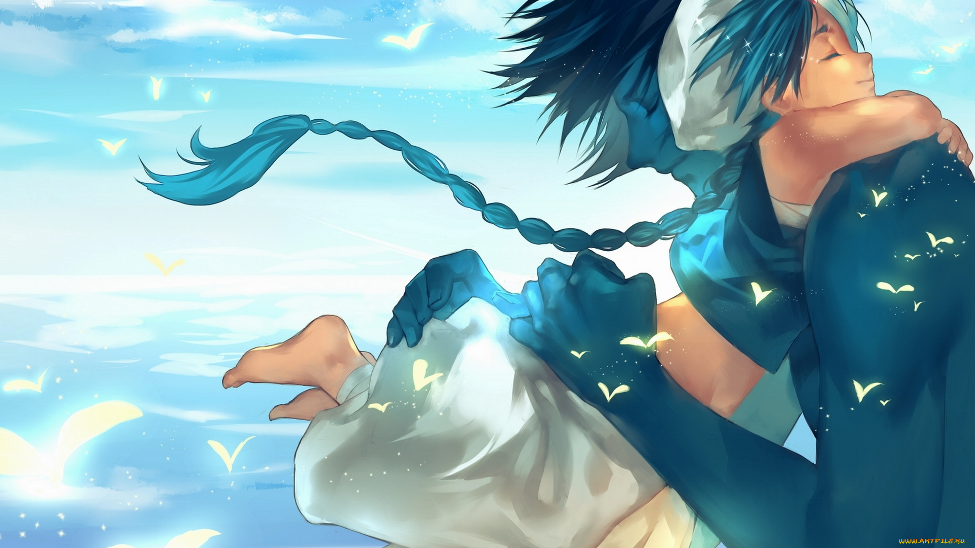 аниме, magi, the, labyrinth, of, magic, magi, the, labyrinth, of, magic, арт, облака, небо, птички, объятия, парень, aladdin, ugo