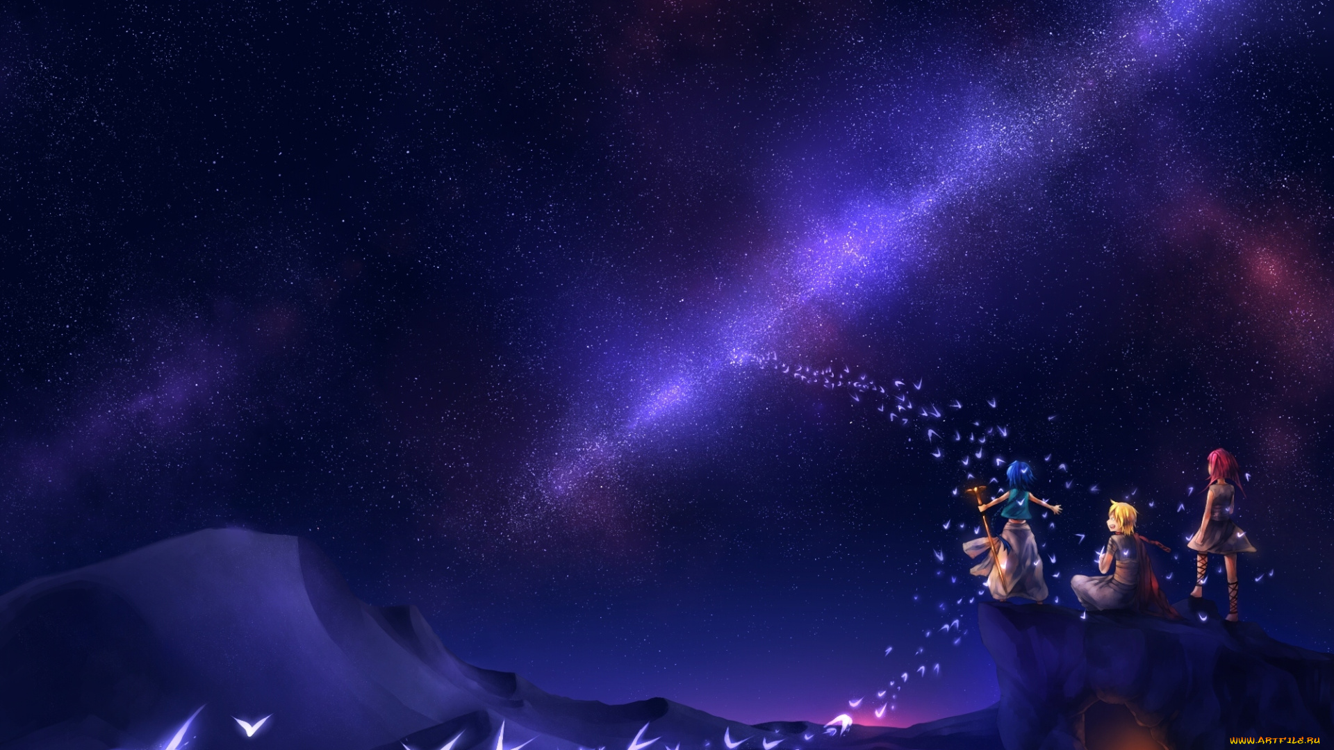 аниме, magi, the, labyrinth, of, magic, ночь, парни, ali, baba, saluja, morgiana, aladdin, magi, the, labyrinth, of, magic, uchuubranko, птицы, девушка, арт, звезды, небо, млечный, путь, огонь, горы