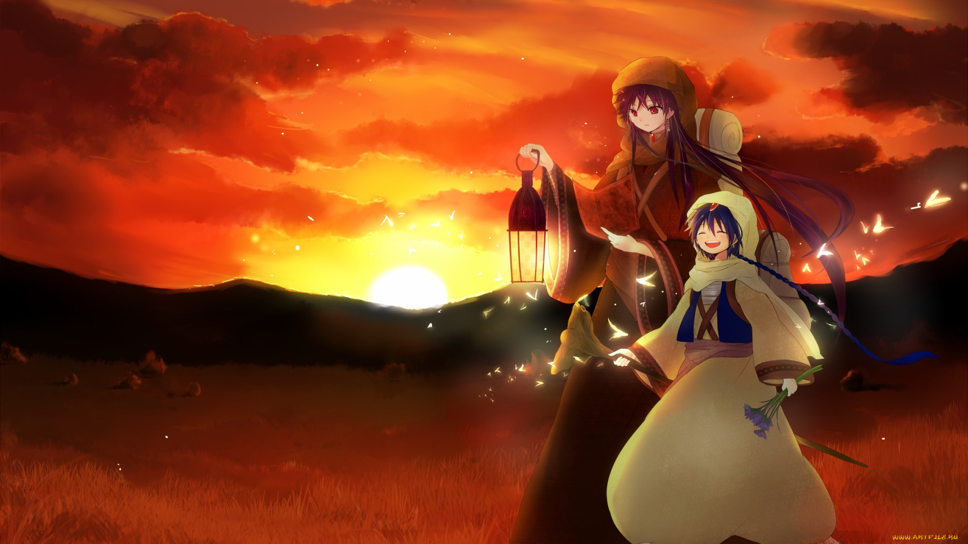 аниме, magi, the, labyrinth, of, magic, sinbad, aladdin, magi, закат, лампа, бабочки, рукх, парни