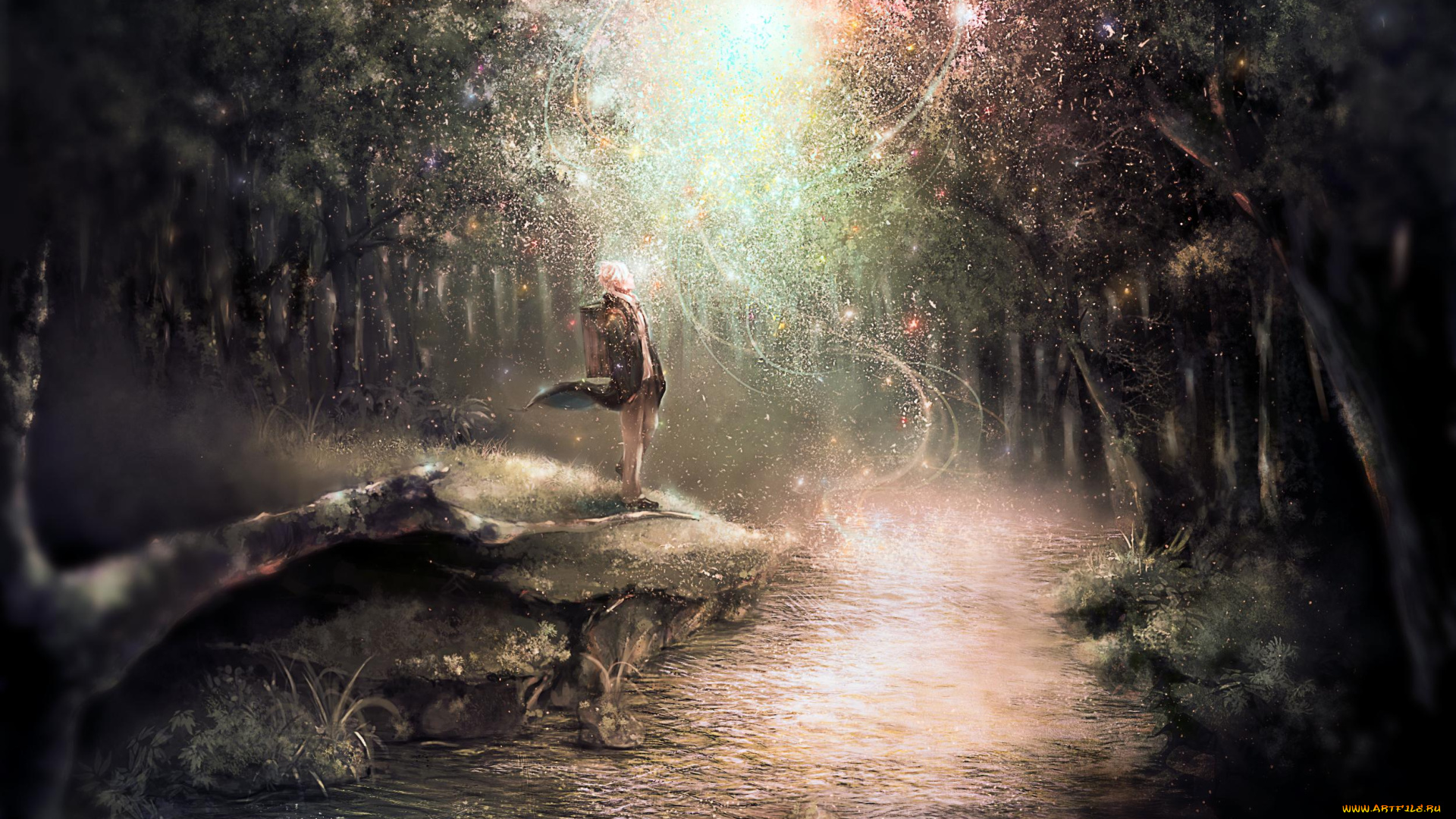 аниме, mushishi, scarlet97, арт, деревья, ginko, парень, магия, лес, мастер, муси, река