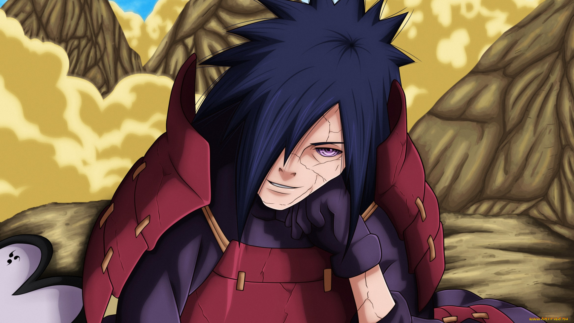 аниме, naruto, расслабленность, скалы, взгляд, брюнет, мужчина, эдо-тенсей, персонаж, парень, риннеган, пыль, мадара, учиха