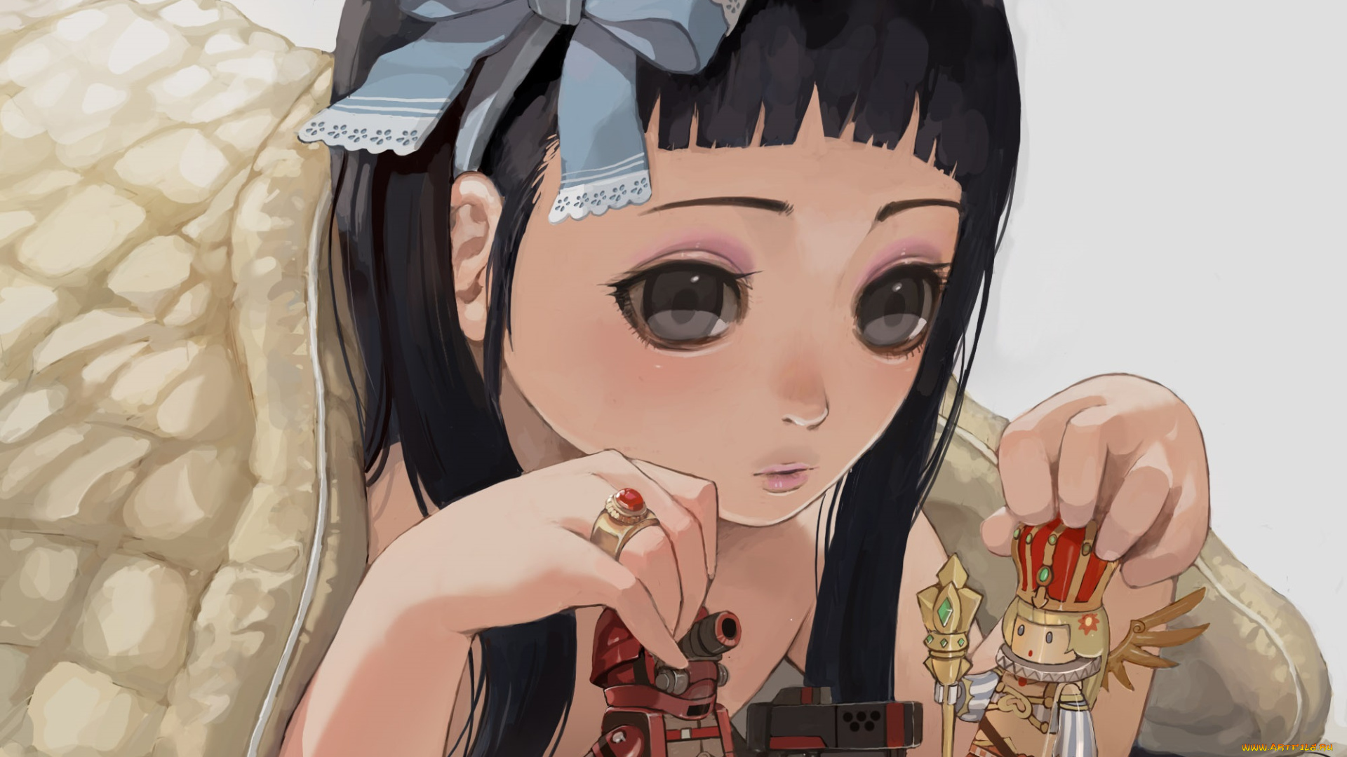 аниме, *unknown, , другое, играет, каштановые, волосы, кольцо, робот, одеяло, бант, настроение, ребёнок, куклы, печатка, подушка, король, девочка