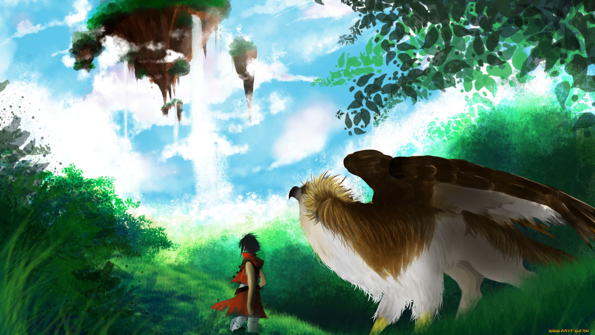 аниме, *unknown, , другое, небо, орел, парень, арт, природа, вода, облака