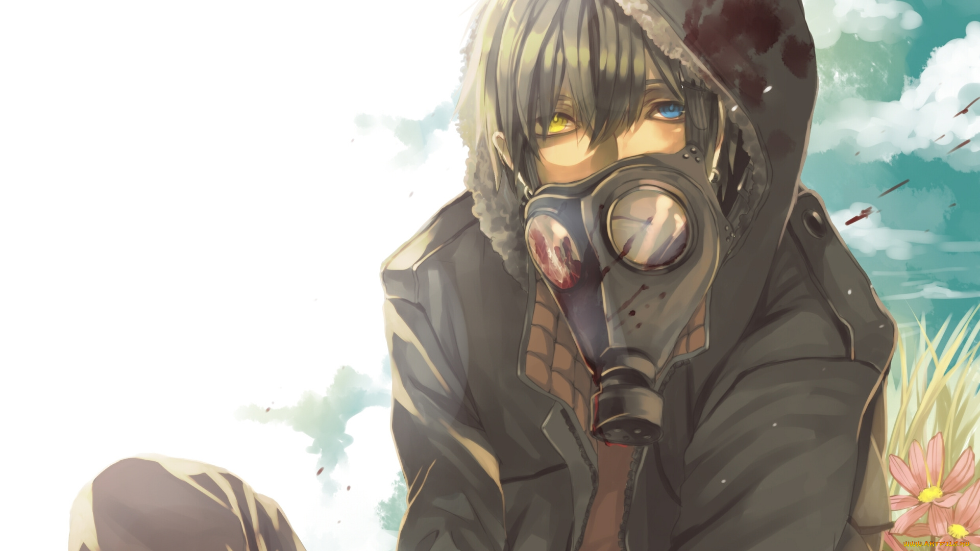 аниме, *unknown, , другое, облака, капюшон, небо, кровь, гетерохромия, противогаз, цветы, арт, yao, парень, трава