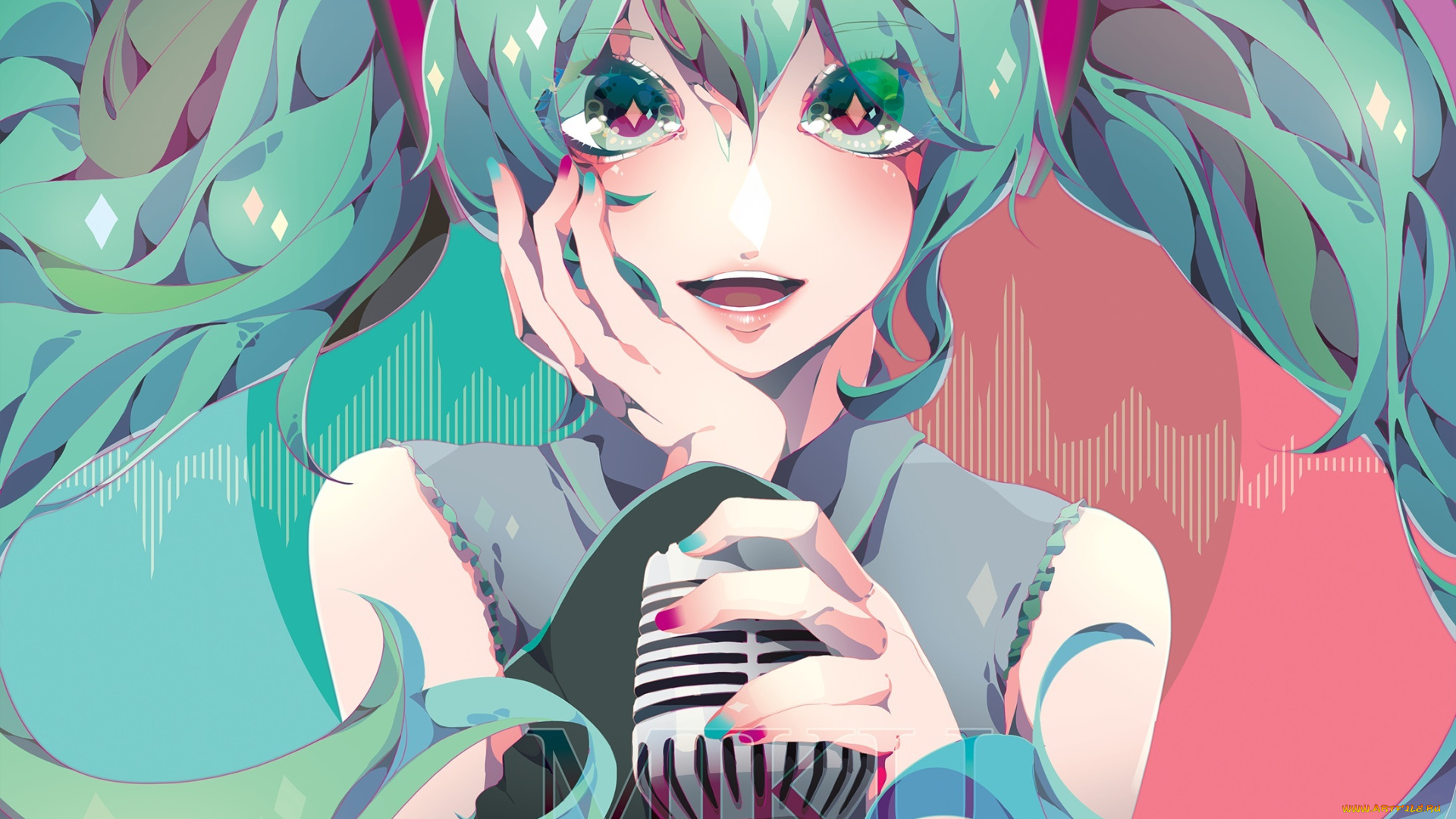аниме, vocaloid, радость, глаза, микрофон, девушка, hatsune, miku, puri, арт