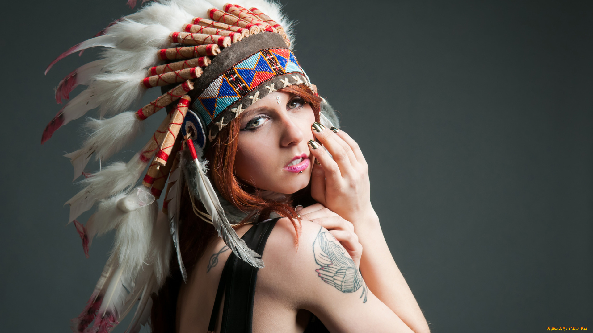 девушки, -unsort, , креатив, перья, фон, головной, убор, татуировка, лицо, взгляд