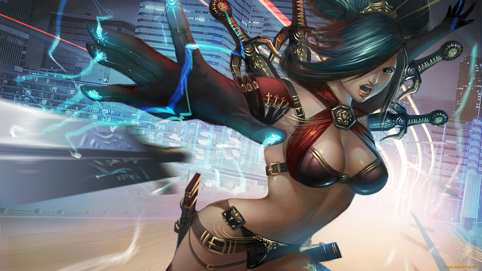 фэнтези, девушки, девушка, воин, кинжалы, мегаполис