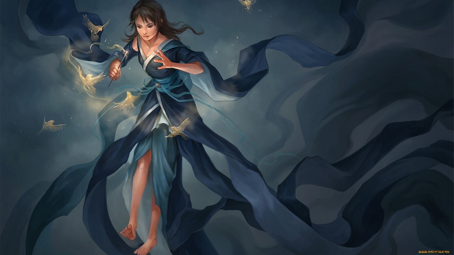 фэнтези, магия, босиком, платье, птицы, палочка
