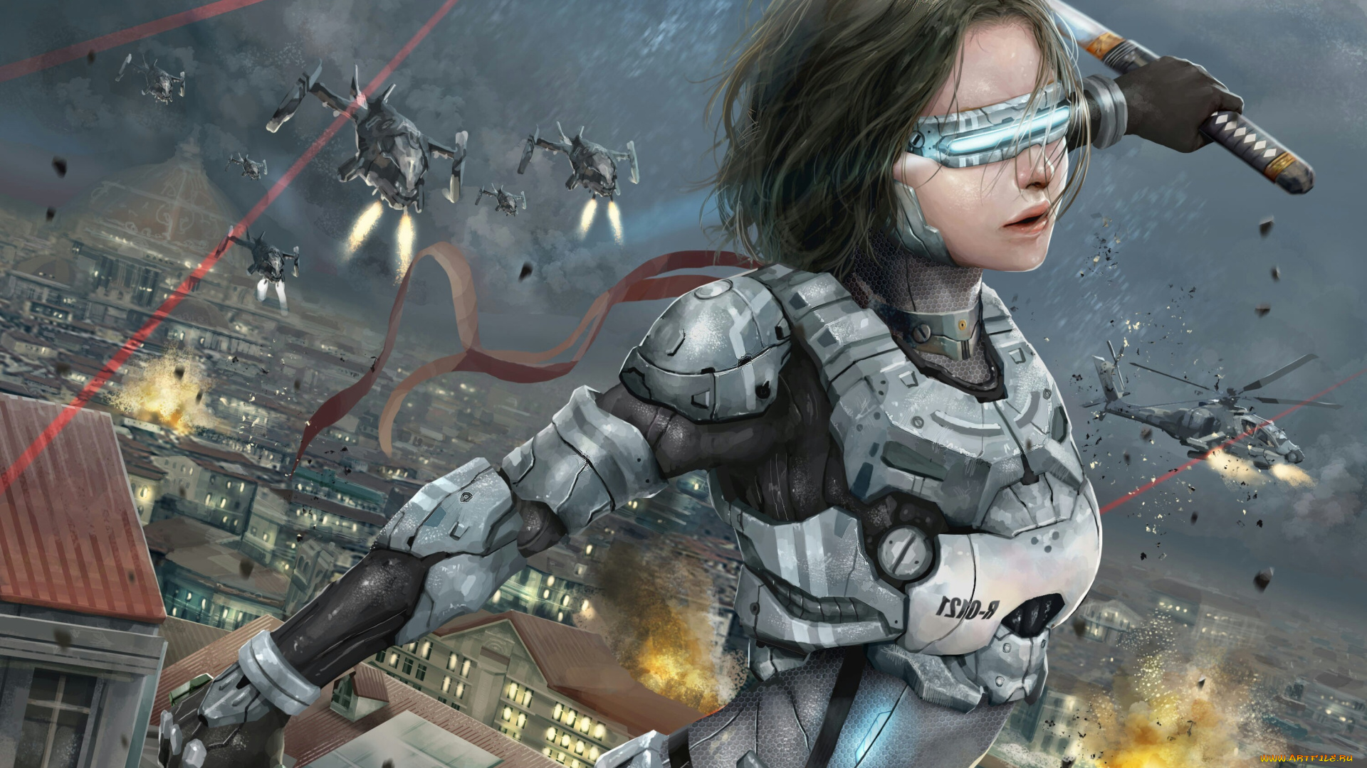 фэнтези, роботы, , киборги, , механизмы, будущее, девушка, солдат, вертолеты, город, атака