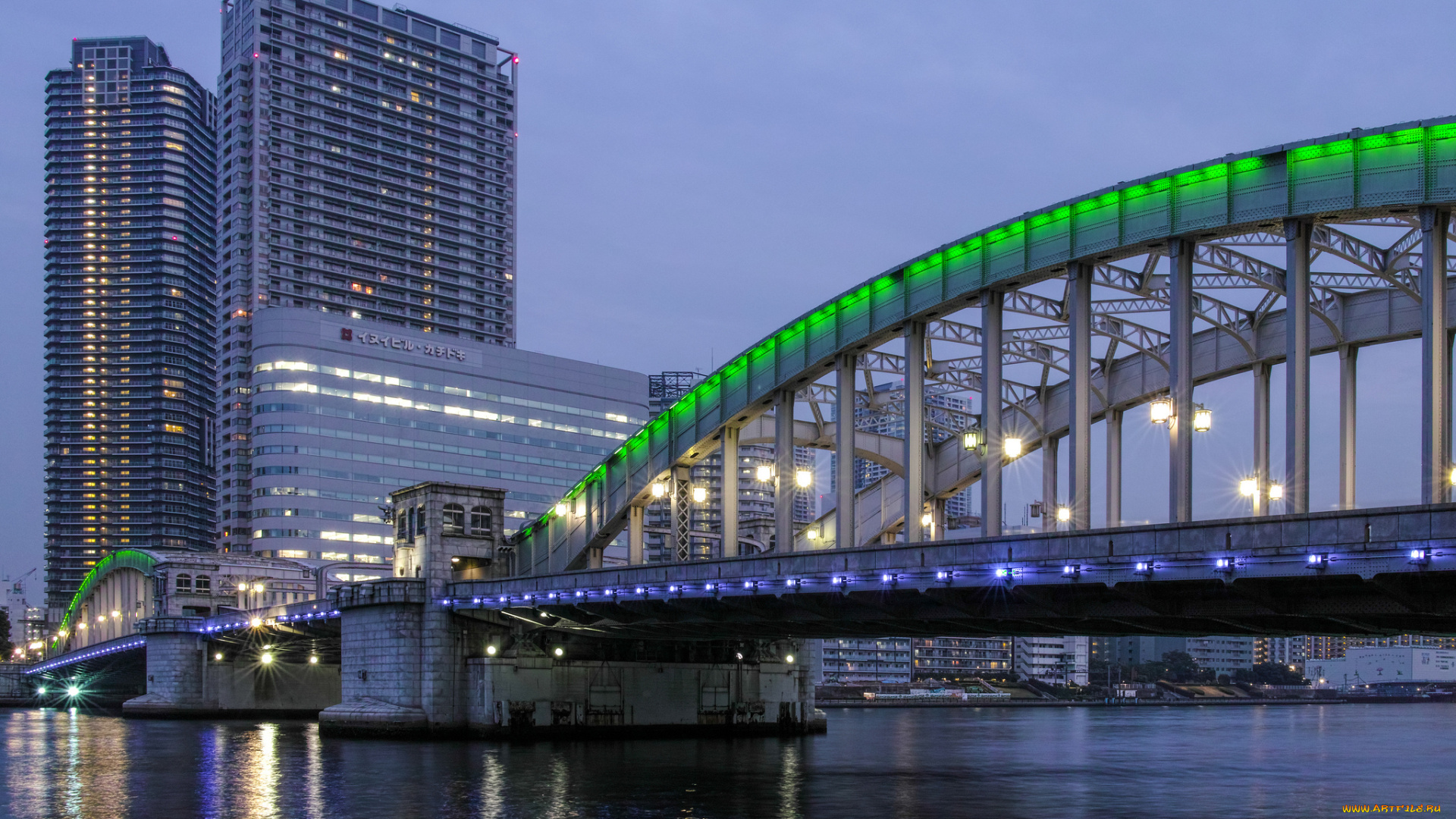 города, токио, , Япония, залив, фонари, освещение, огни, мост, зеленая, подсветка, здания, вечер, небо, мегаполис