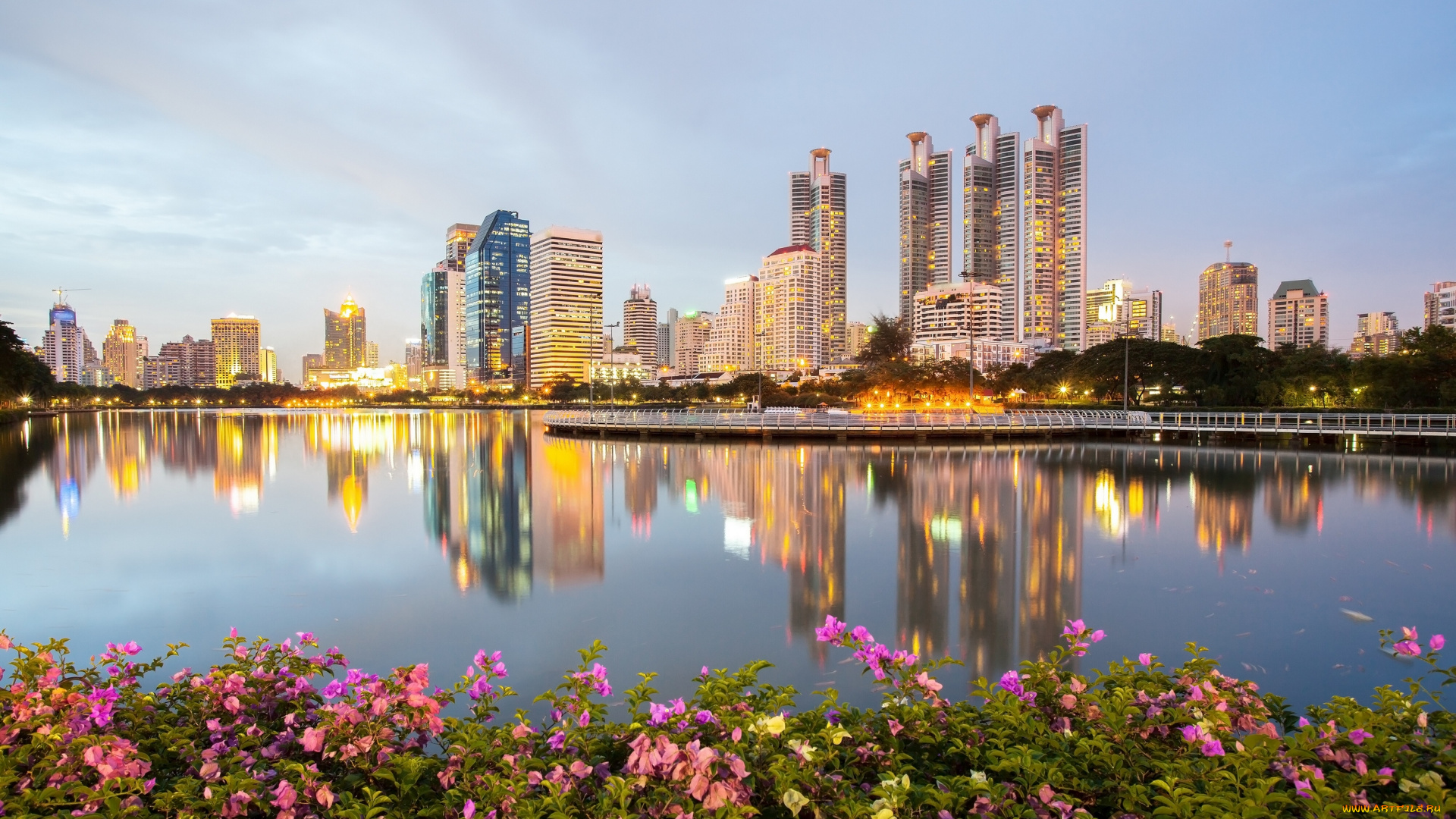 города, вода, отражение, парк, кусты, шиповник, здания, небоскрёбы, набережная, bangkok, thailand
