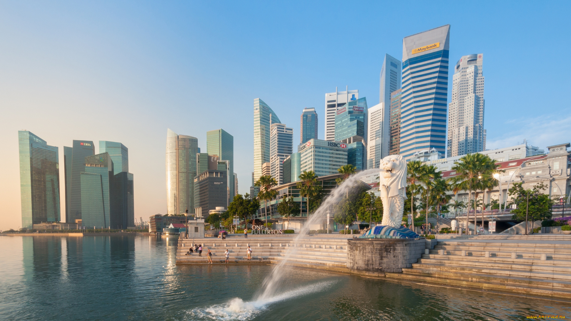 merlion, fountain, , singapore, города, сингапур, , сингапур, merlion, fountain, marina, bay, singapore, фонтан, залив, набережная, лестница, здания, небоскрёбы