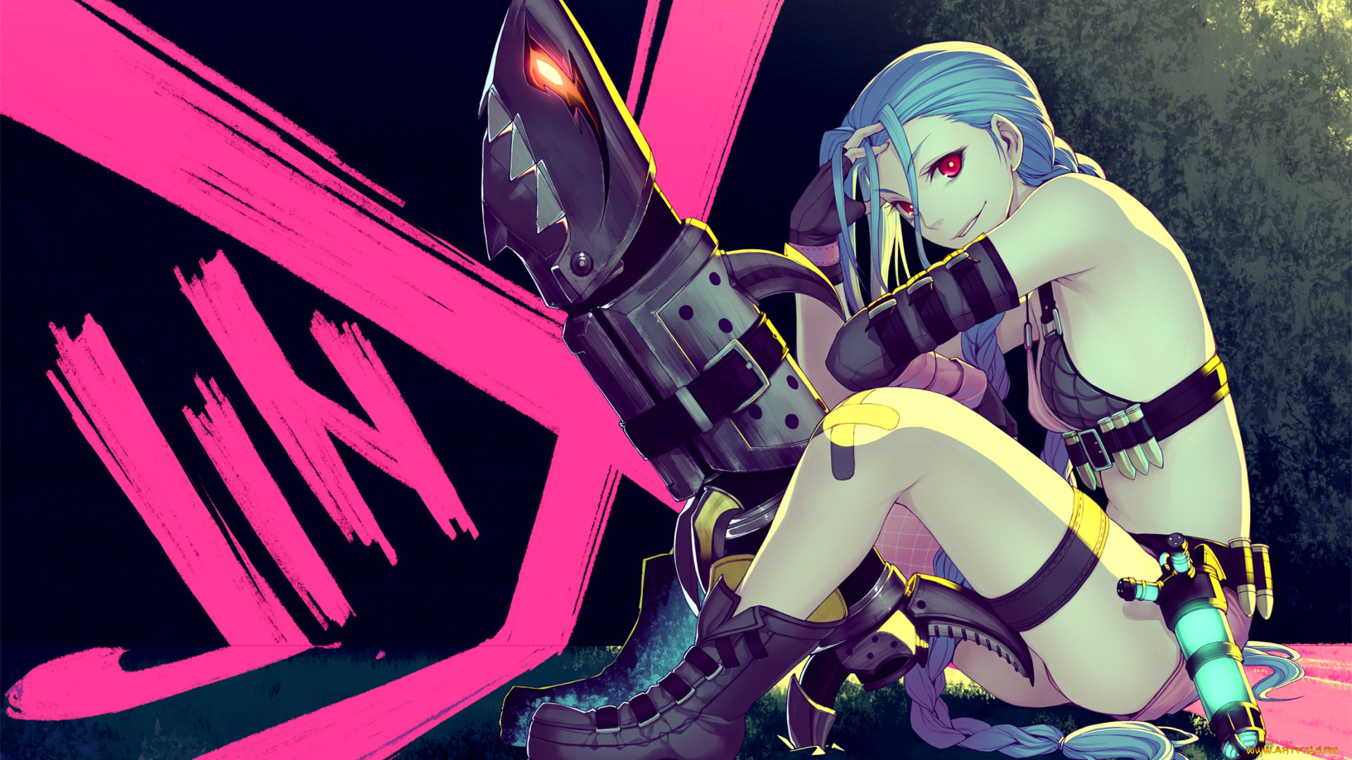 видео, игры, league, of, legends, граффити, девушка, league, of, legends, оружие, игра, kimura, daisuke, art, jinx