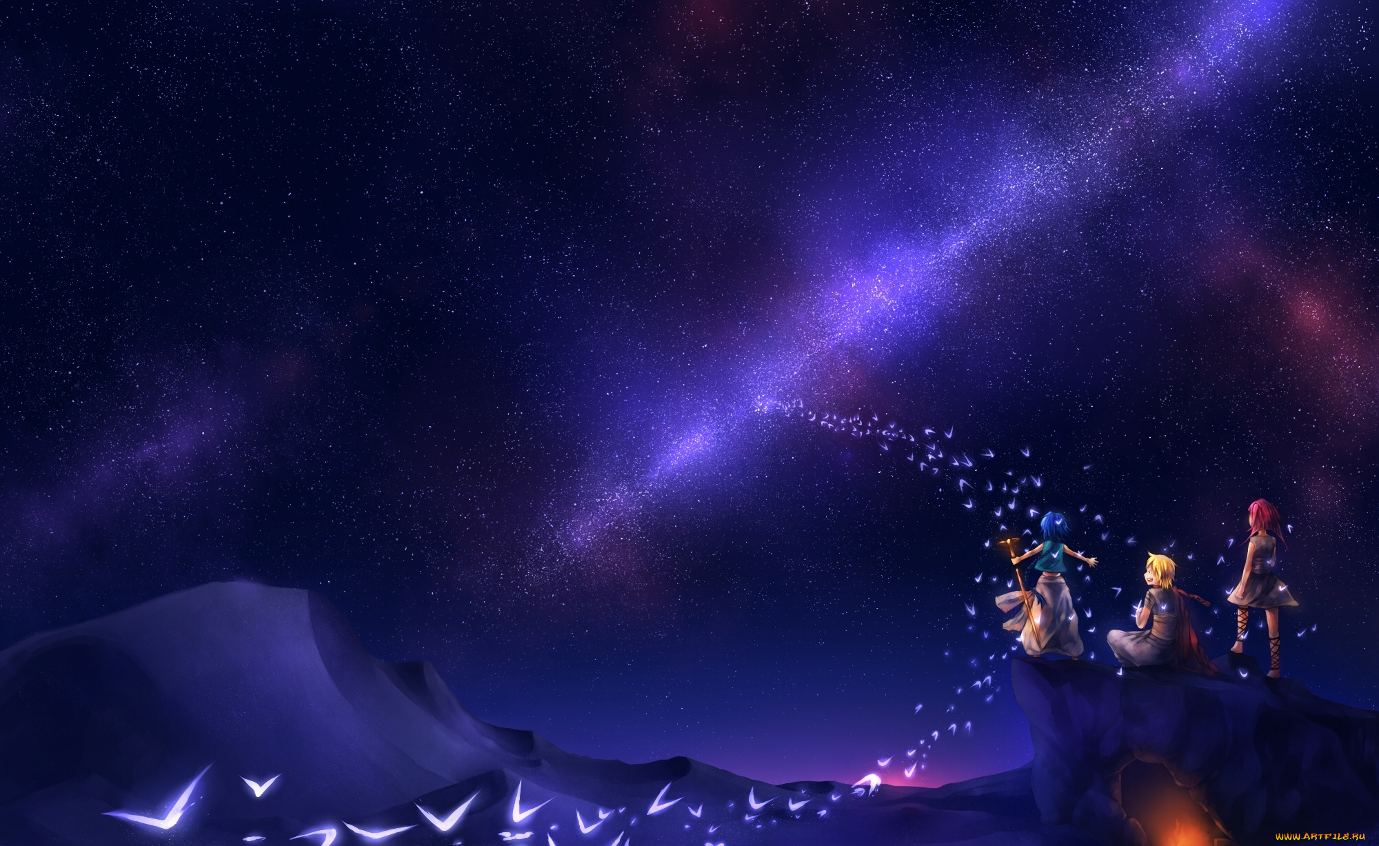 аниме, magi, the, labyrinth, of, magic, ночь, парни, ali, baba, saluja, morgiana, aladdin, magi, the, labyrinth, of, magic, uchuubranko, птицы, девушка, арт, звезды, небо, млечный, путь, огонь, горы