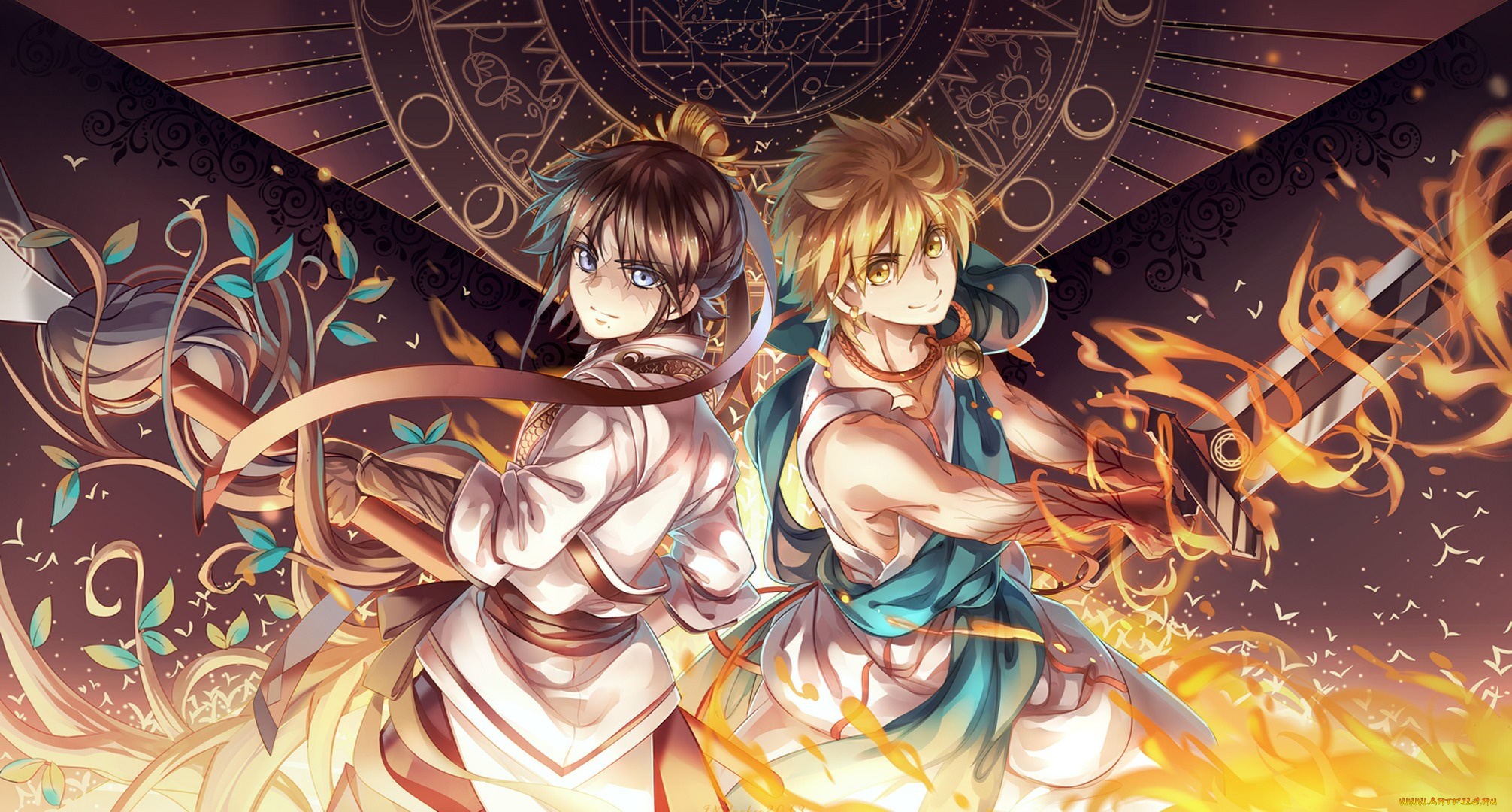 аниме, magi, the, labyrinth, of, magic, листья, огонь, меч, оружие, магия, парни, ren, hakuryuu, ali, baba, saluja, magi, the, labyrinth, of, magic, instockee, арт