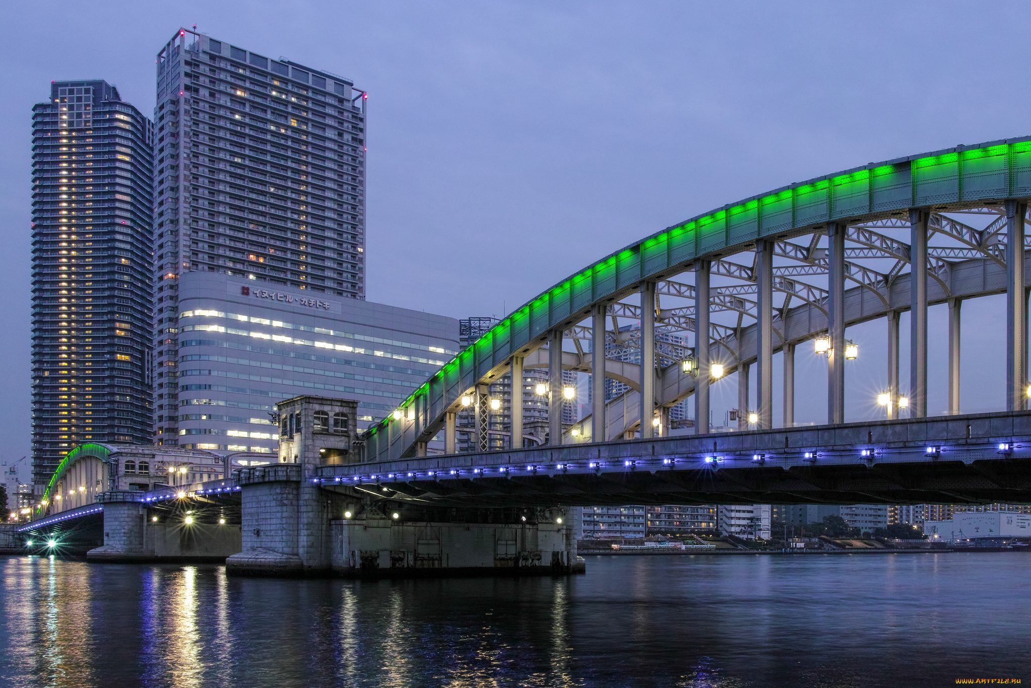 города, токио, , Япония, залив, фонари, освещение, огни, мост, зеленая, подсветка, здания, вечер, небо, мегаполис